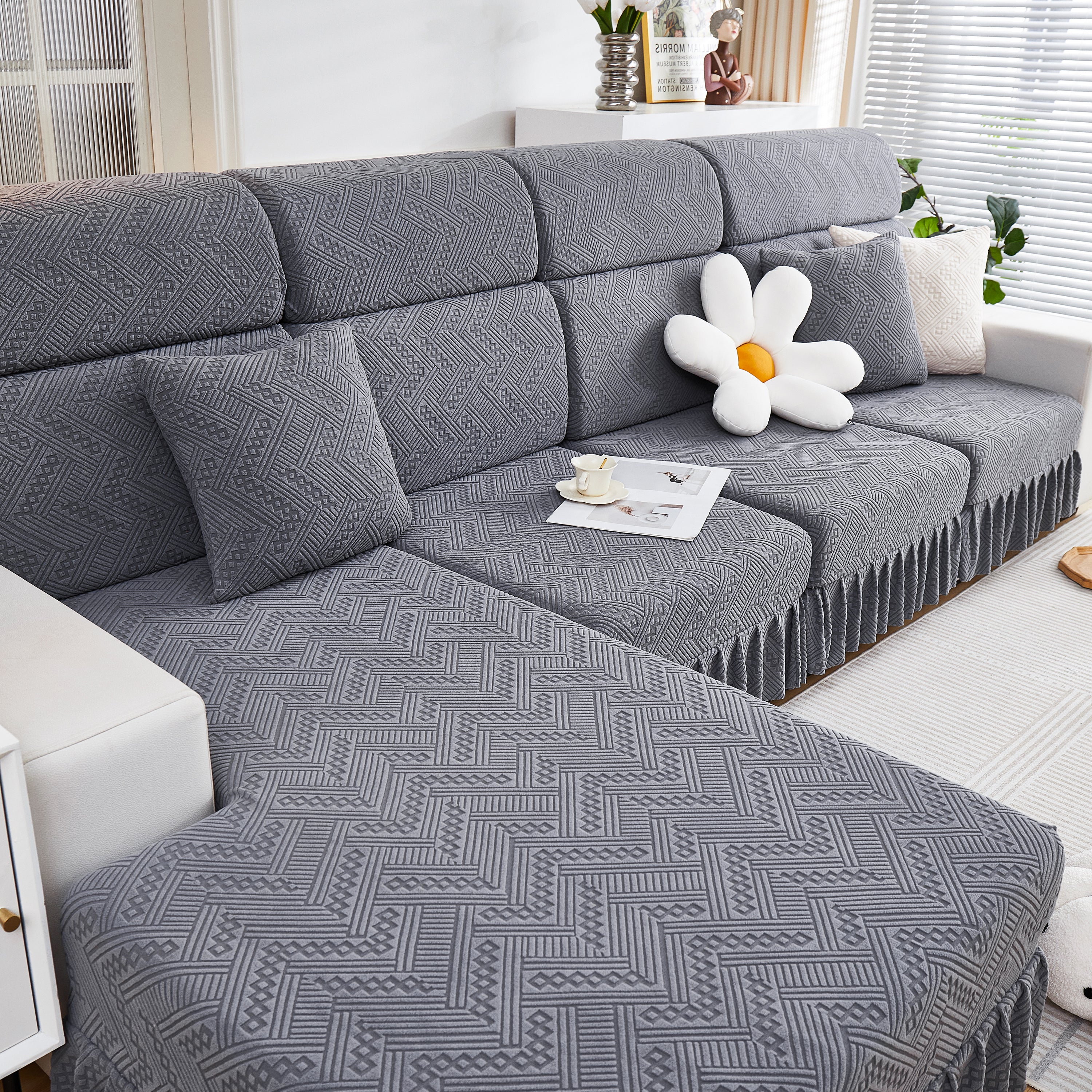 Stretchable Chaise Lounge Sofa Covers and Couch Seat Covers with Skirt for Sectional Couches - Image 15
