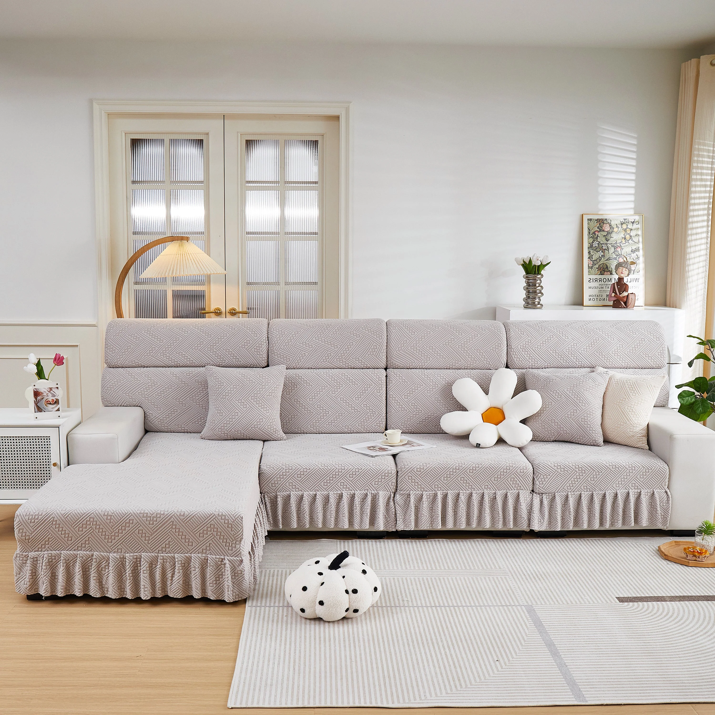 Stretchable Chaise Lounge Sofa Covers and Couch Seat Covers with Skirt for Sectional Couches - Image 151