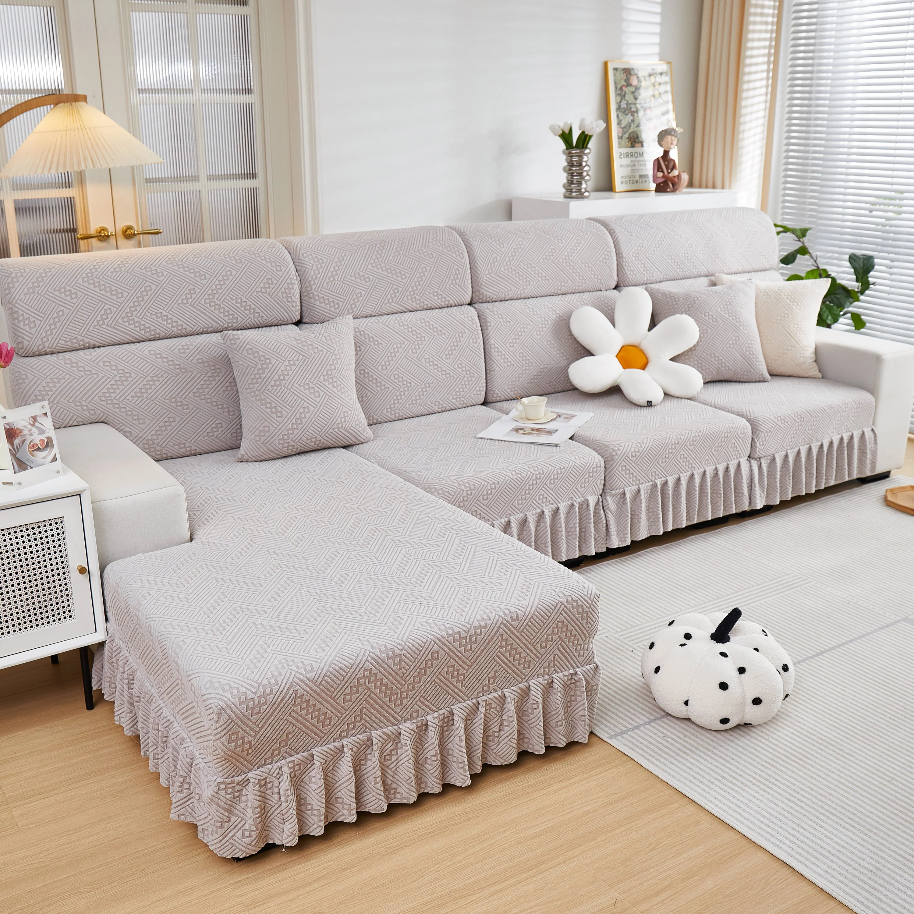 Stretchable Chaise Lounge Sofa Covers and Couch Seat Covers with Skirt for Sectional Couches - Image 152