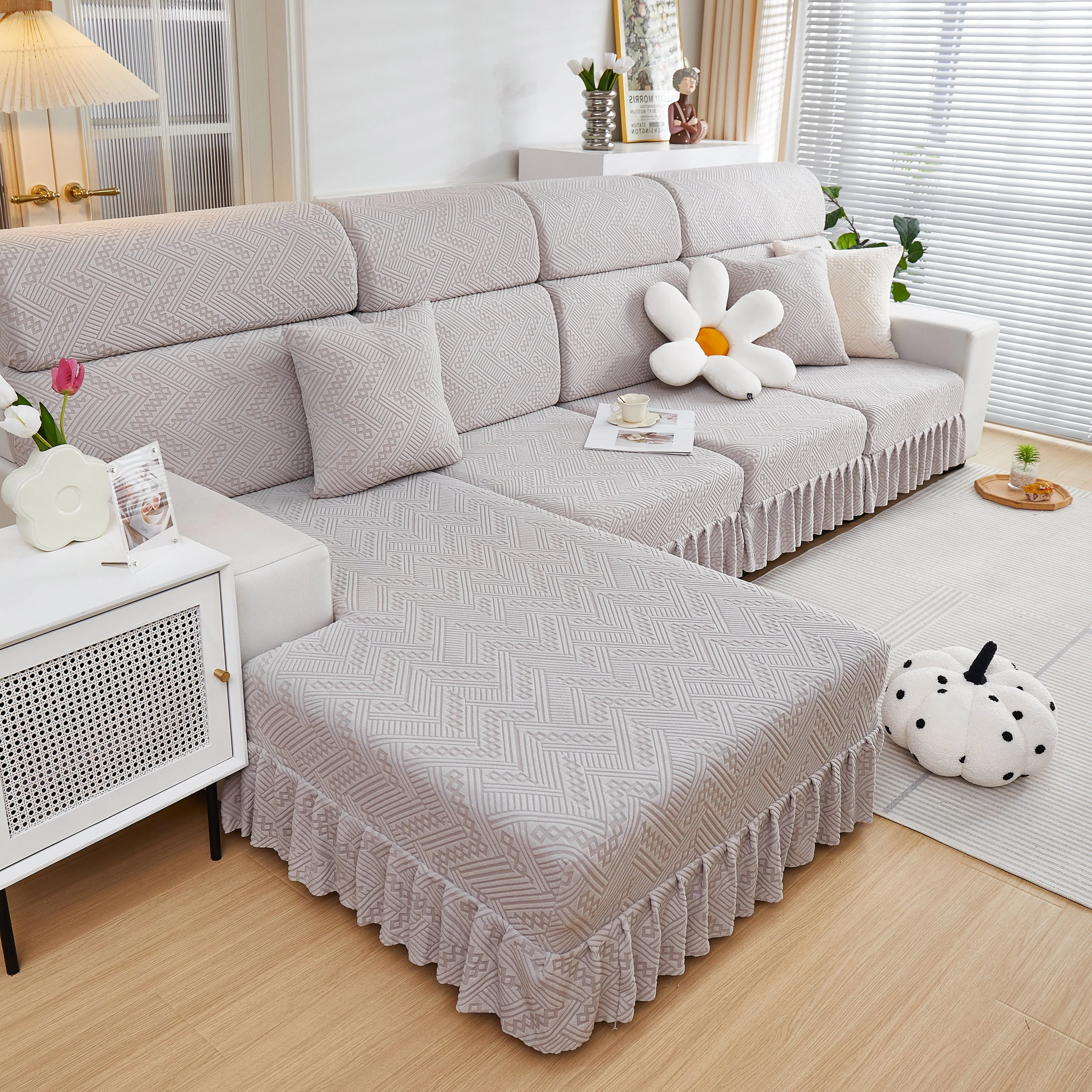 Stretchable Chaise Lounge Sofa Covers and Couch Seat Covers with Skirt for Sectional Couches - Image 153