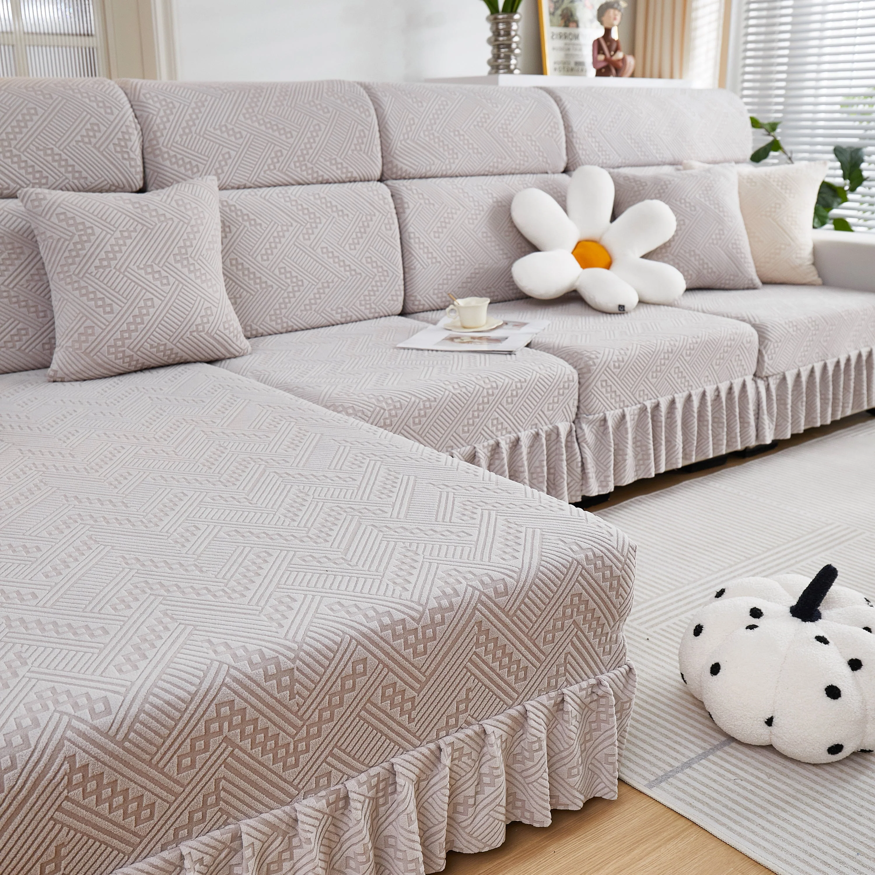 Stretchable Chaise Lounge Sofa Covers and Couch Seat Covers with Skirt for Sectional Couches - Image 154