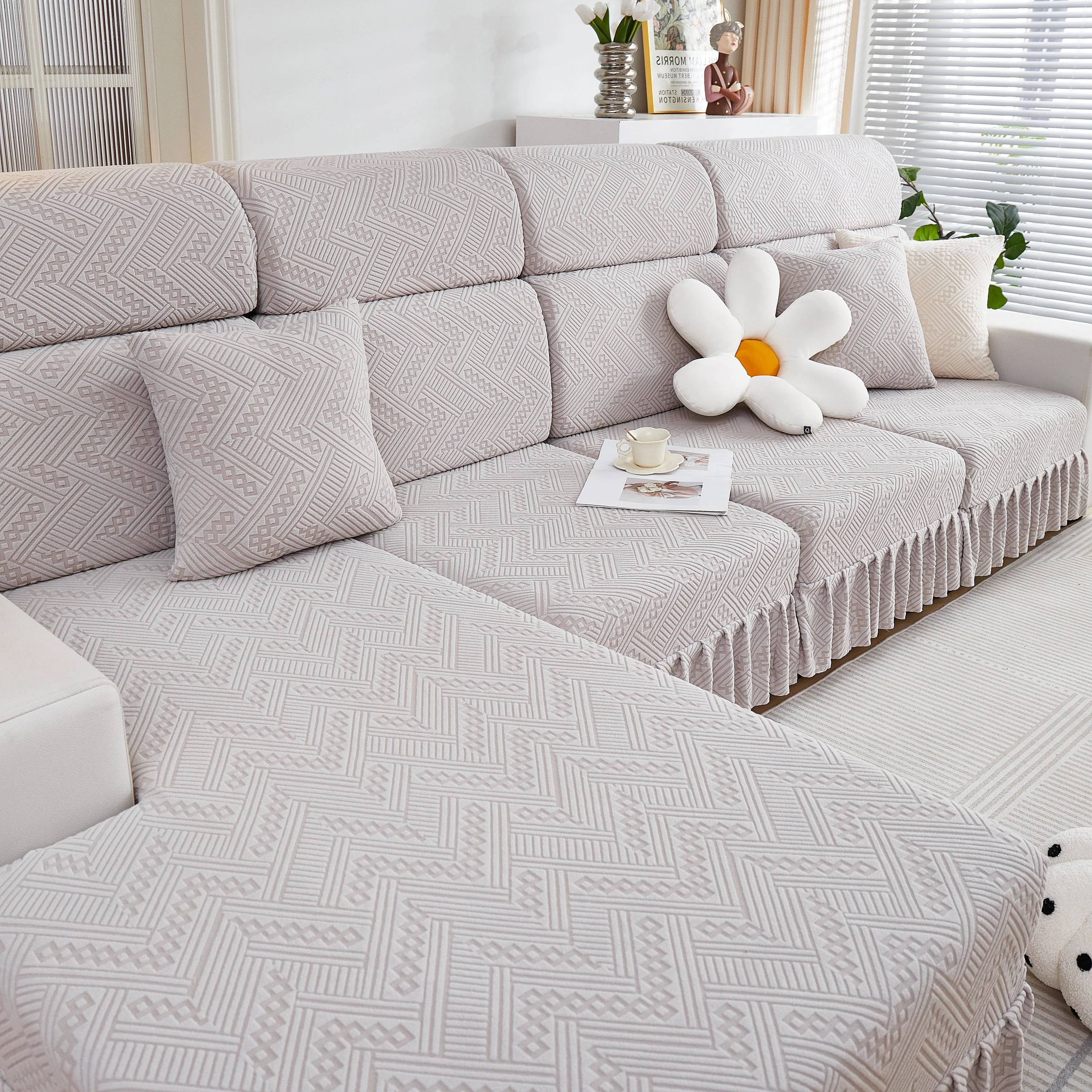 Stretchable Chaise Lounge Sofa Covers and Couch Seat Covers with Skirt for Sectional Couches - Image 156