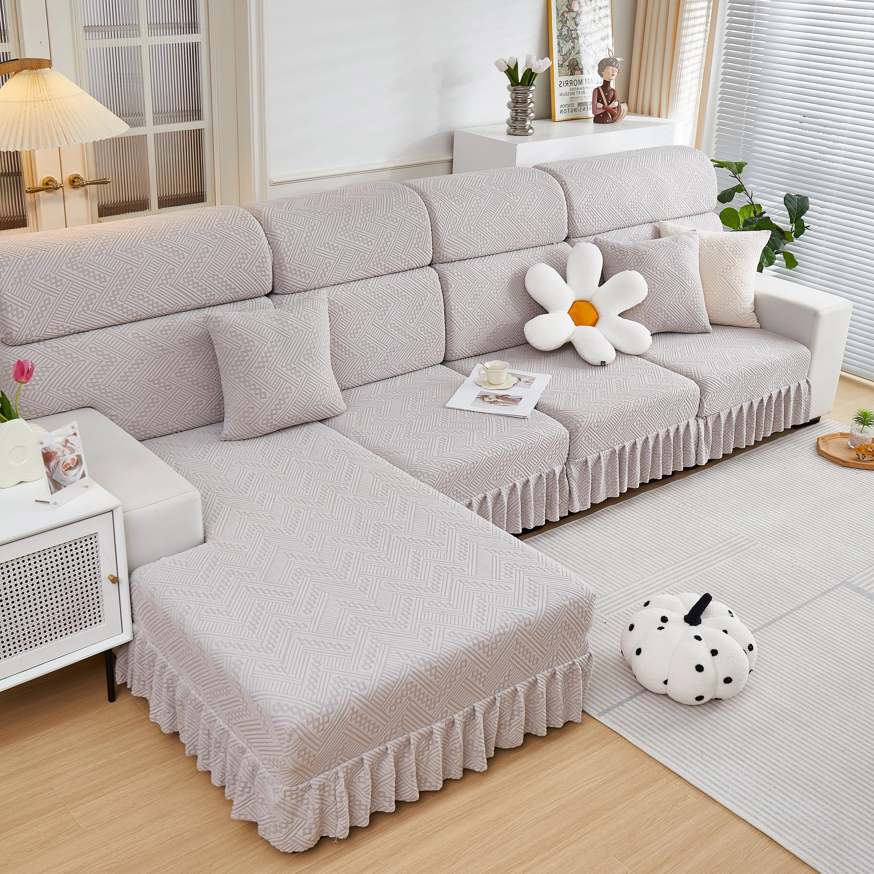 Stretchable Chaise Lounge Sofa Covers and Couch Seat Covers with Skirt for Sectional Couches - Image 157