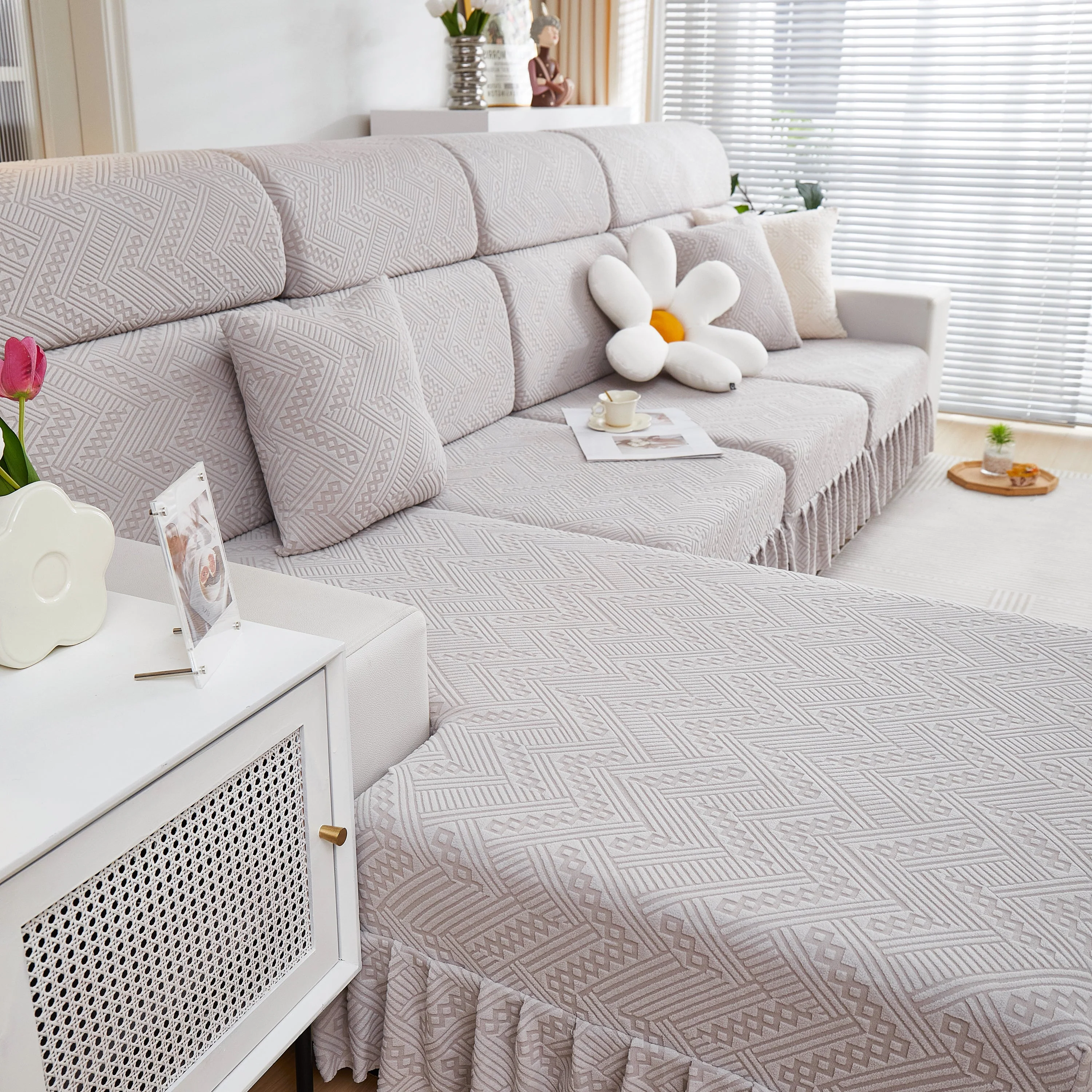 Stretchable Chaise Lounge Sofa Covers and Couch Seat Covers with Skirt for Sectional Couches - Image 159
