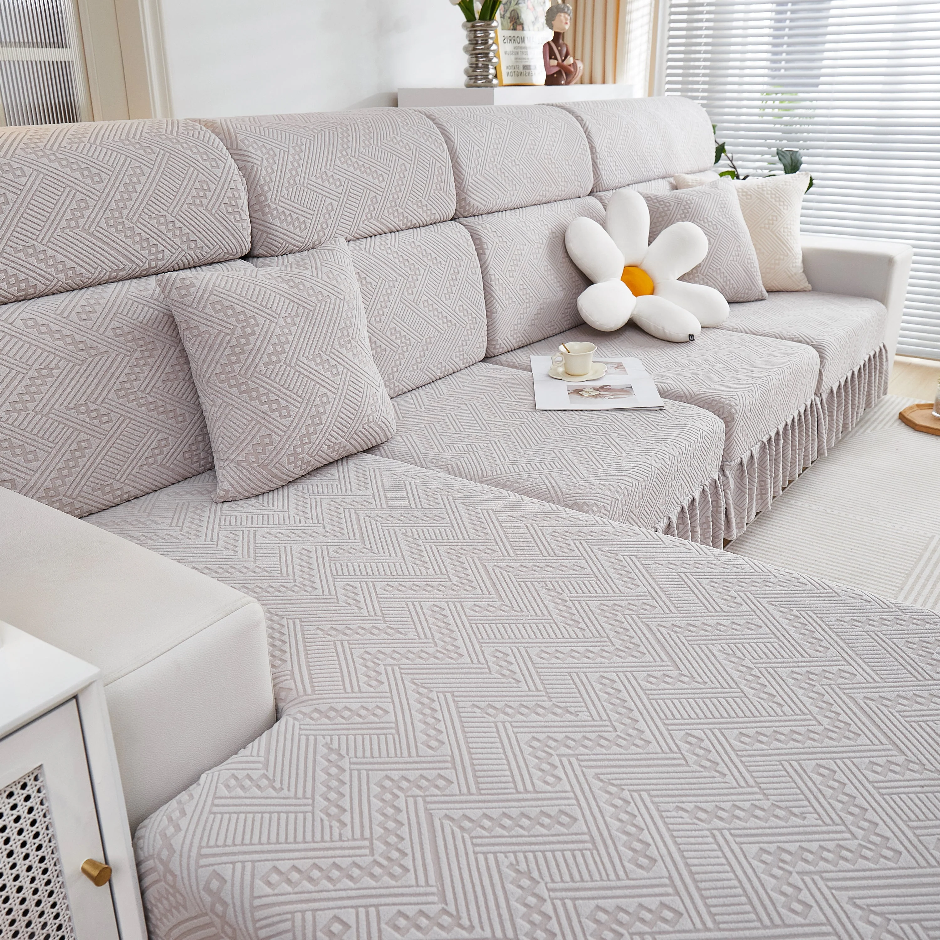 Stretchable Chaise Lounge Sofa Covers and Couch Seat Covers with Skirt for Sectional Couches - Image 160