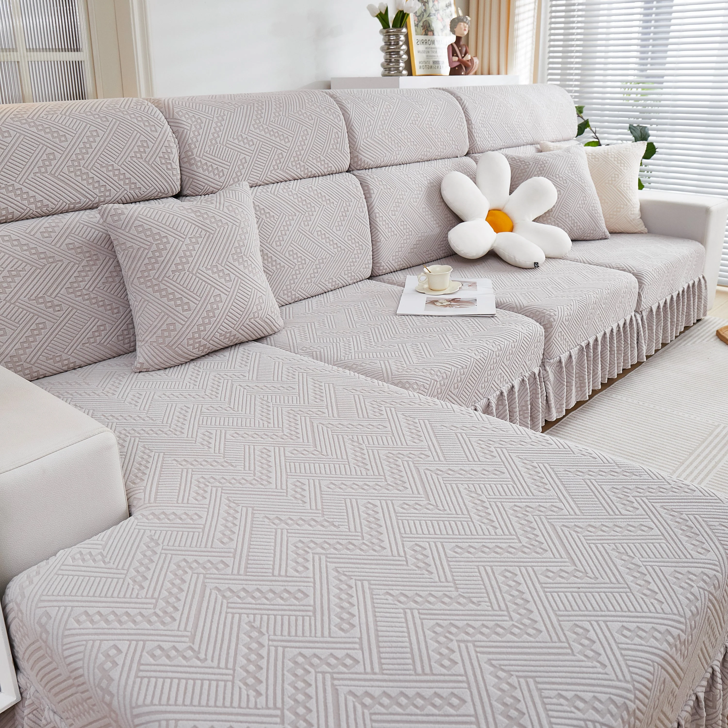 Stretchable Chaise Lounge Sofa Covers and Couch Seat Covers with Skirt for Sectional Couches - Image 162
