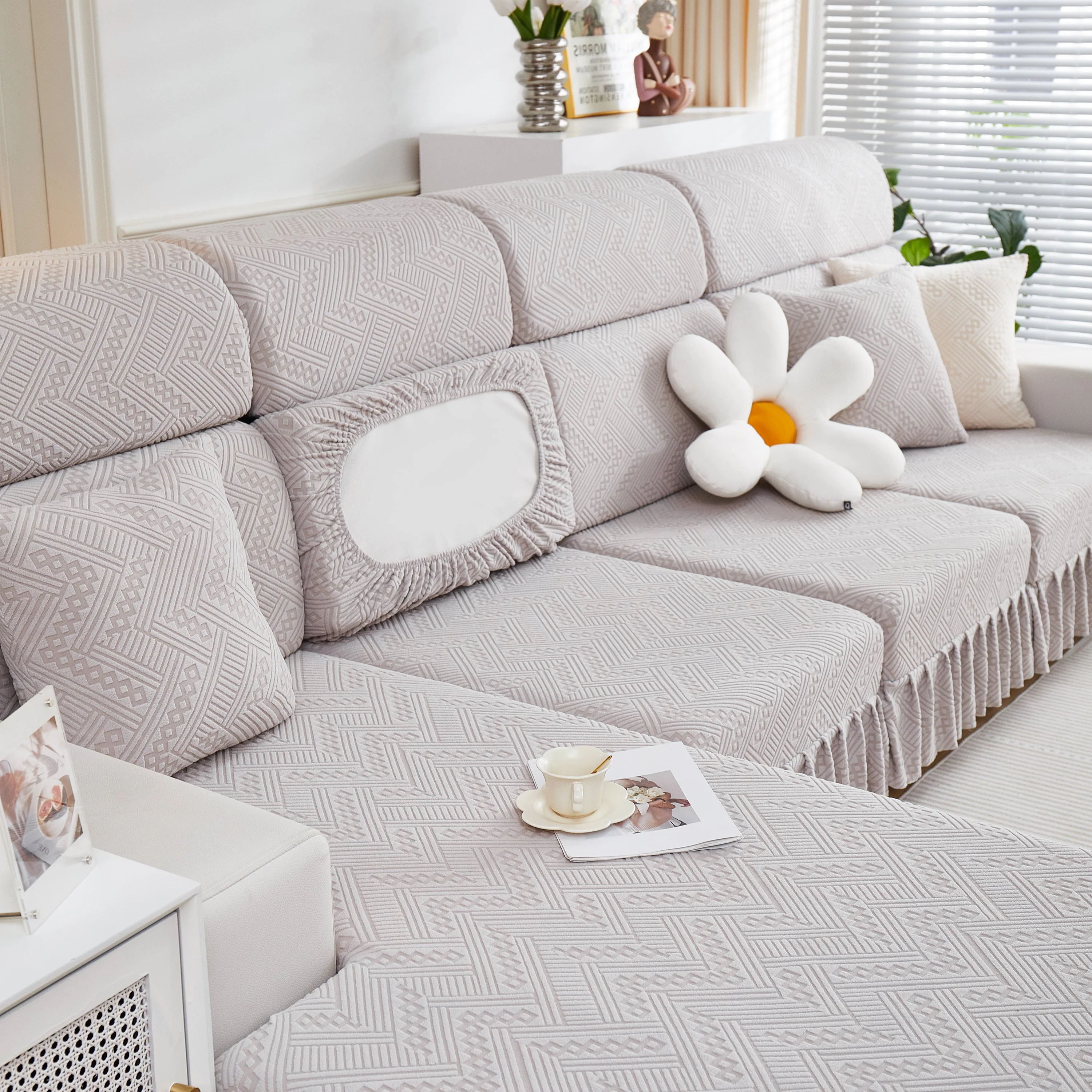 Stretchable Chaise Lounge Sofa Covers and Couch Seat Covers with Skirt for Sectional Couches - Image 164