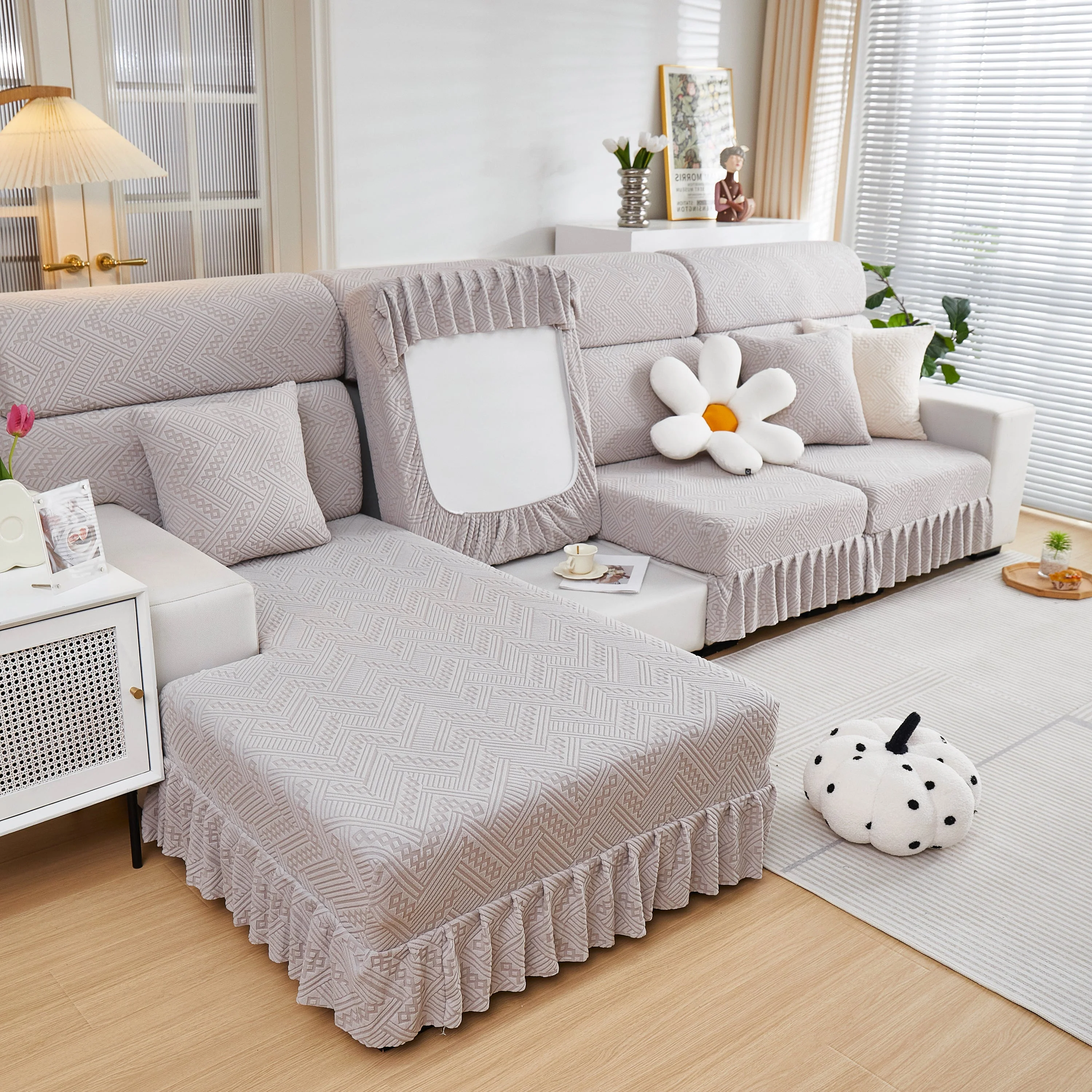 Stretchable Chaise Lounge Sofa Covers and Couch Seat Covers with Skirt for Sectional Couches - Image 166