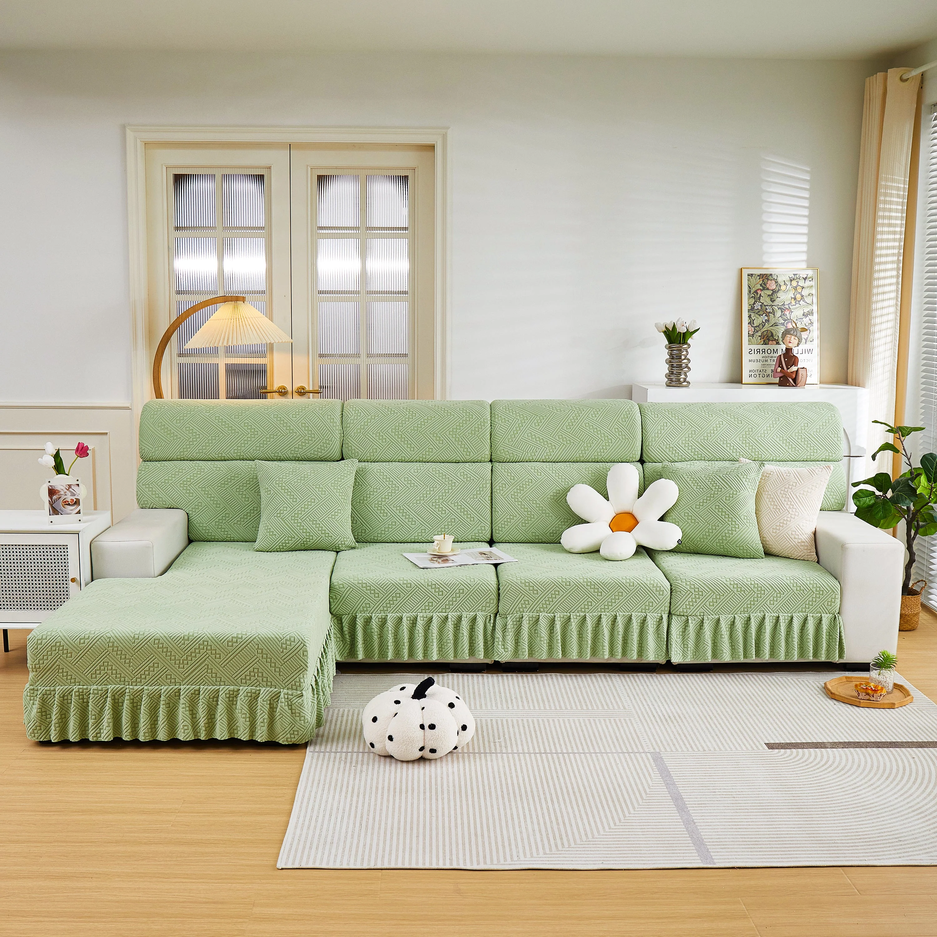 Stretchable Chaise Lounge Sofa Covers and Couch Seat Covers with Skirt for Sectional Couches - Image 172