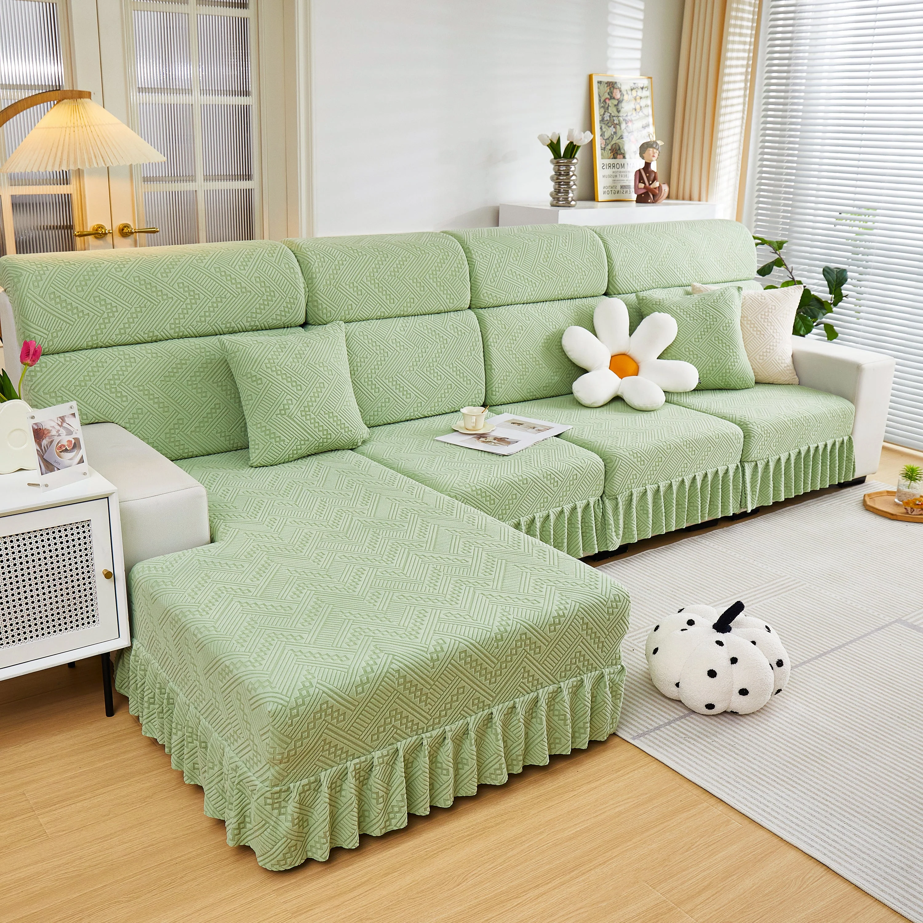 Stretchable Chaise Lounge Sofa Covers and Couch Seat Covers with Skirt for Sectional Couches - Image 173