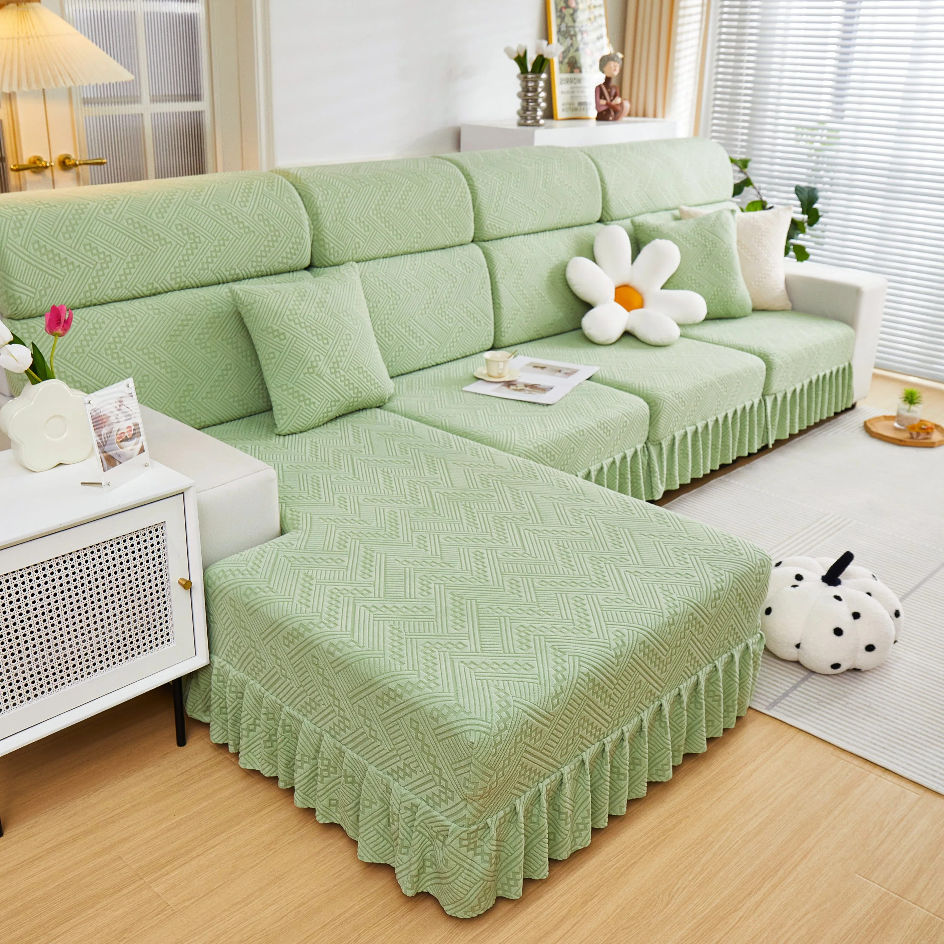 Stretchable Chaise Lounge Sofa Covers and Couch Seat Covers with Skirt for Sectional Couches - Image 174