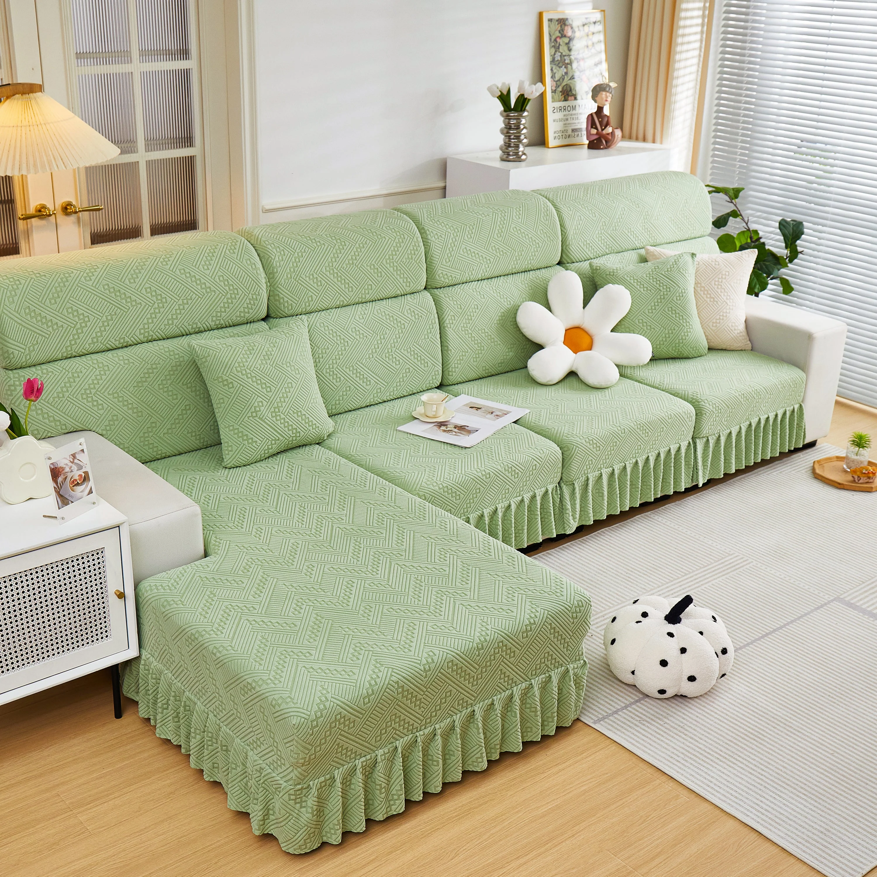 Stretchable Chaise Lounge Sofa Covers and Couch Seat Covers with Skirt for Sectional Couches - Image 175