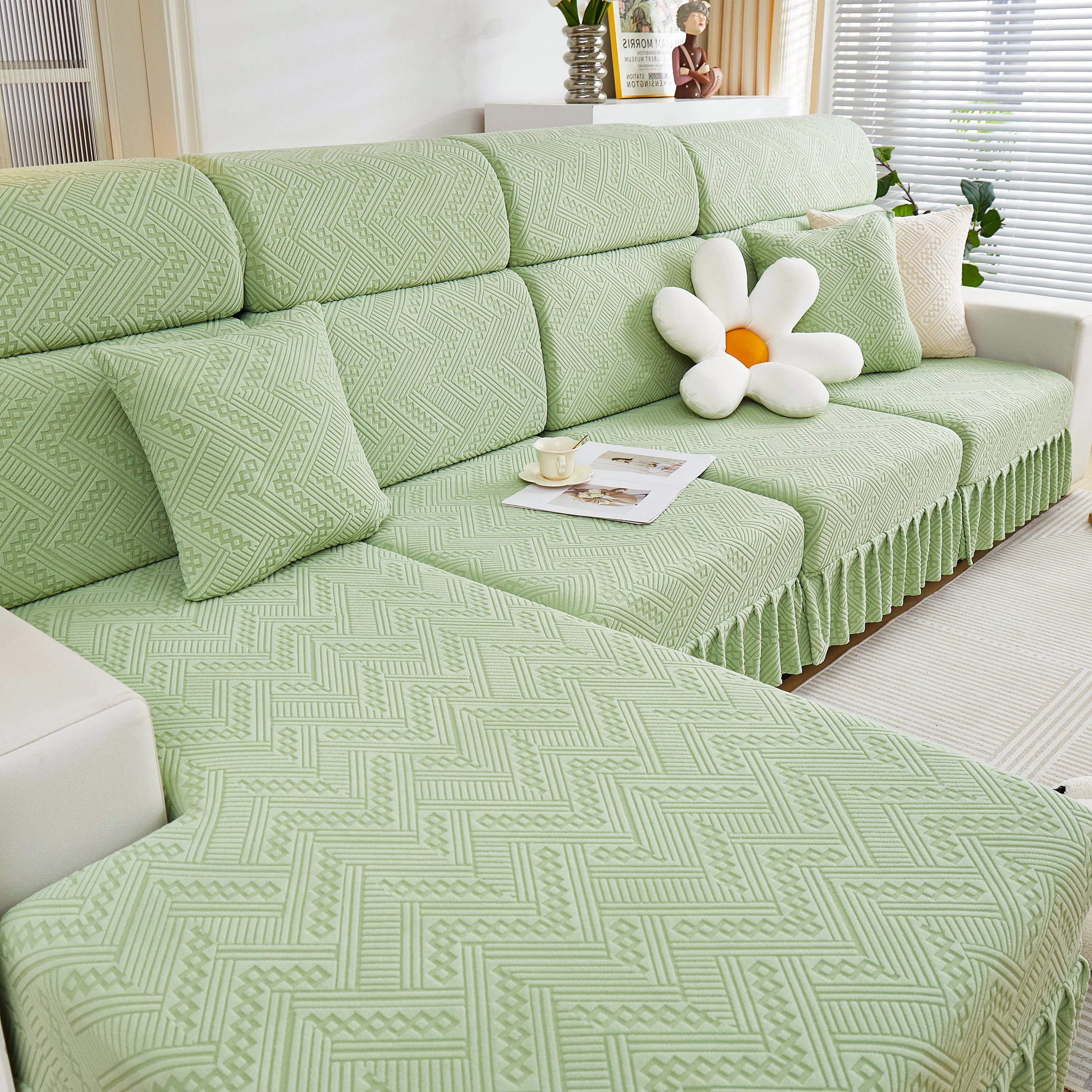 Stretchable Chaise Lounge Sofa Covers and Couch Seat Covers with Skirt for Sectional Couches - Image 178