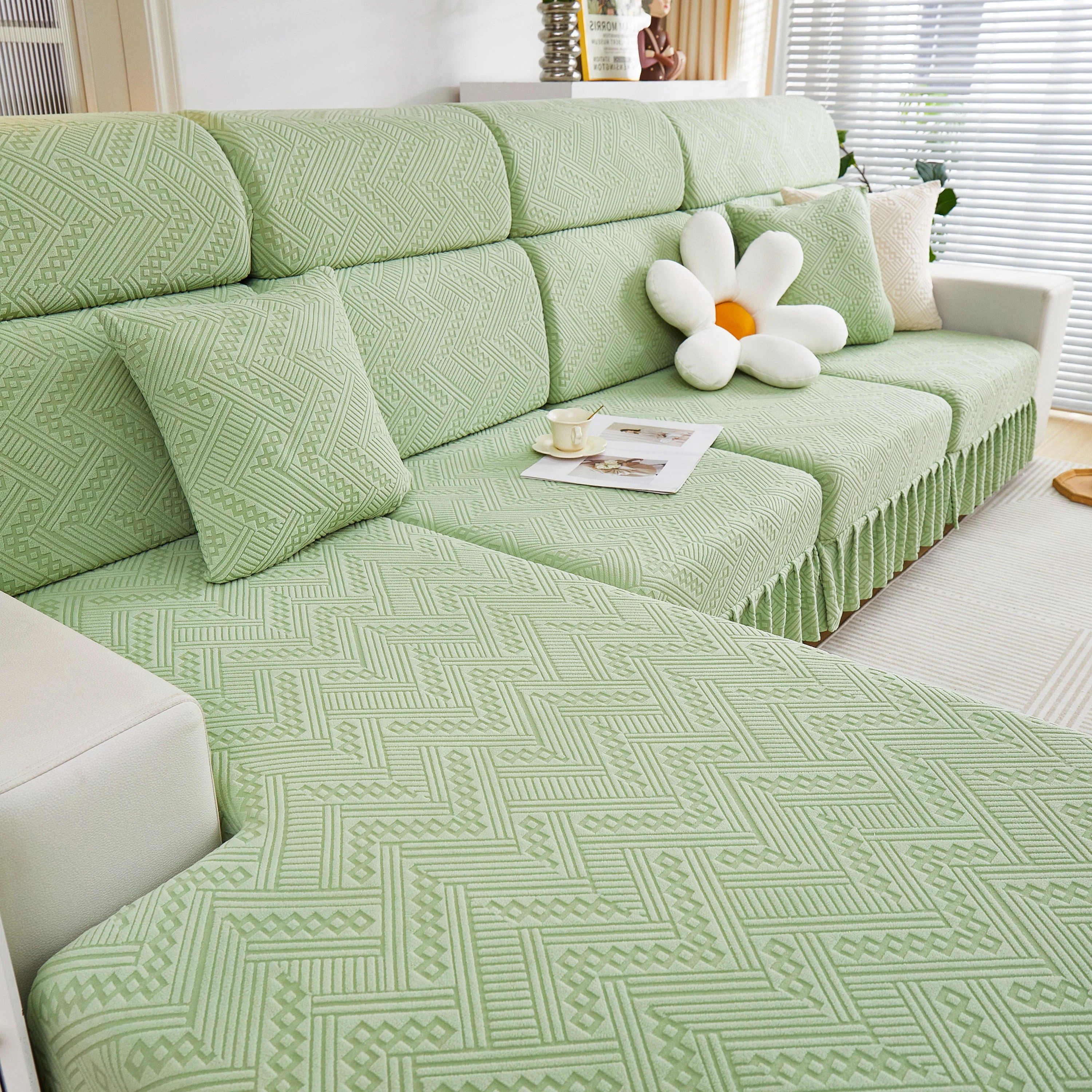 Stretchable Chaise Lounge Sofa Covers and Couch Seat Covers with Skirt for Sectional Couches - Image 181
