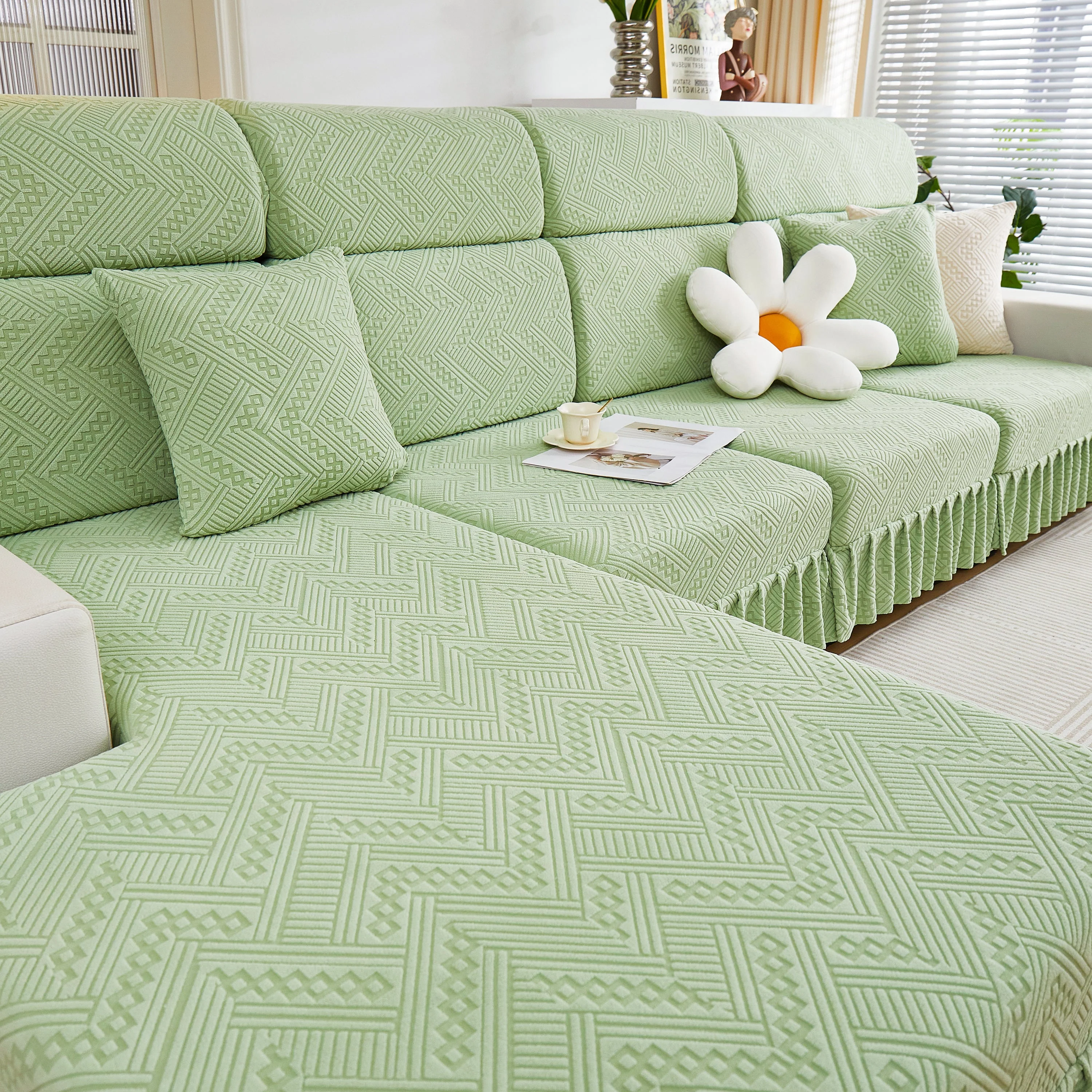 Stretchable Chaise Lounge Sofa Covers and Couch Seat Covers with Skirt for Sectional Couches - Image 183