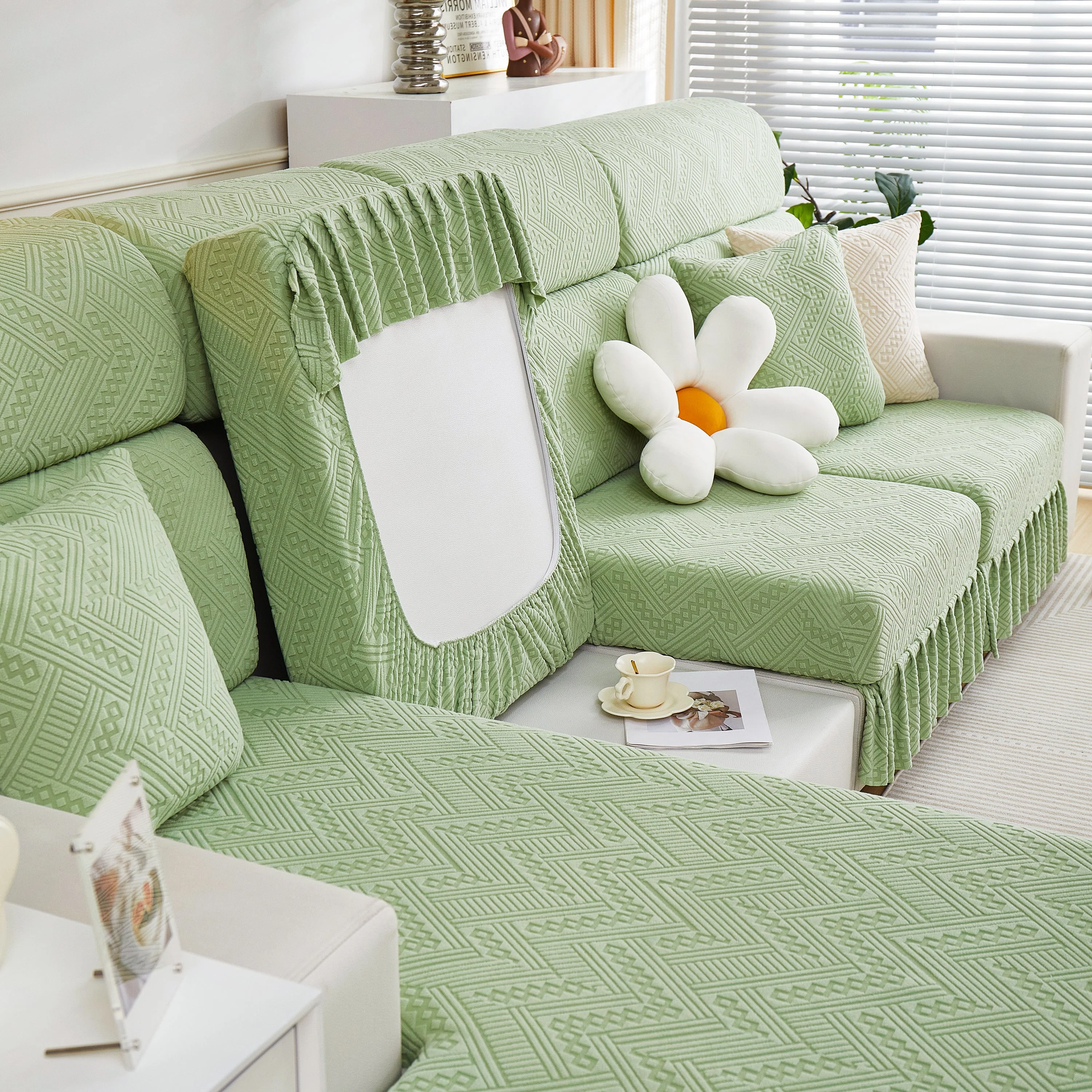 Stretchable Chaise Lounge Sofa Covers and Couch Seat Covers with Skirt for Sectional Couches - Image 186
