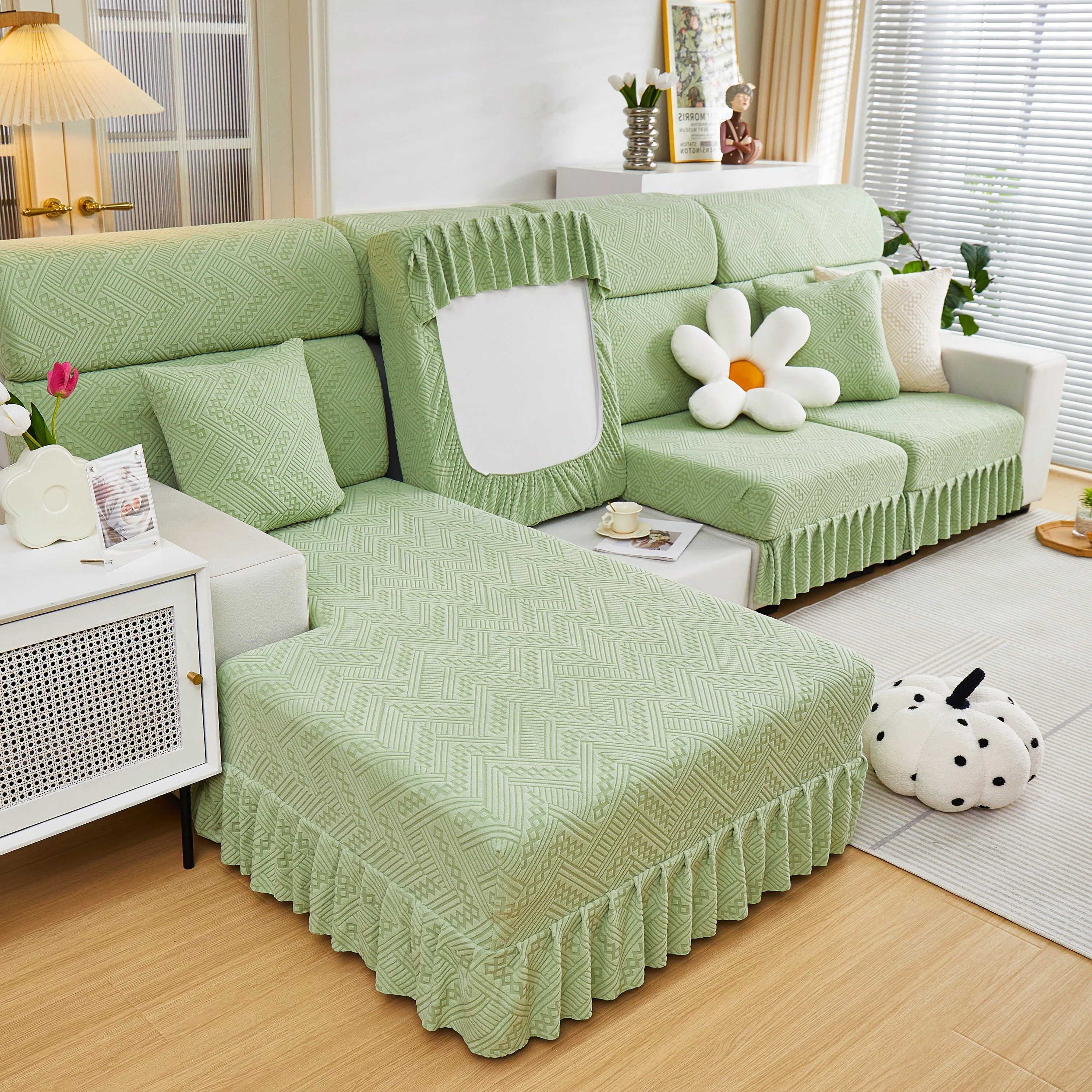 Stretchable Chaise Lounge Sofa Covers and Couch Seat Covers with Skirt for Sectional Couches - Image 187