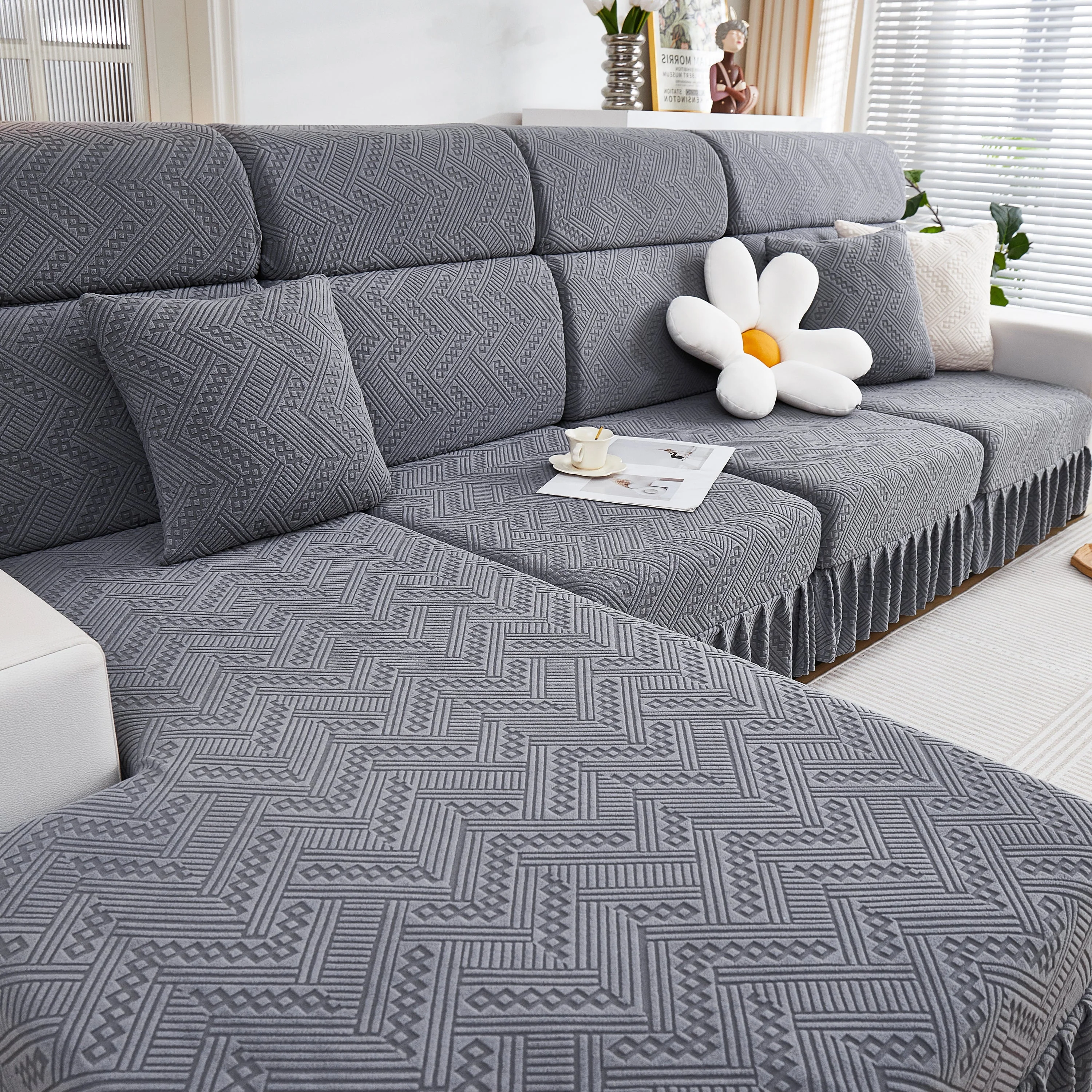 Stretchable Chaise Lounge Sofa Covers and Couch Seat Covers with Skirt for Sectional Couches - Image 19