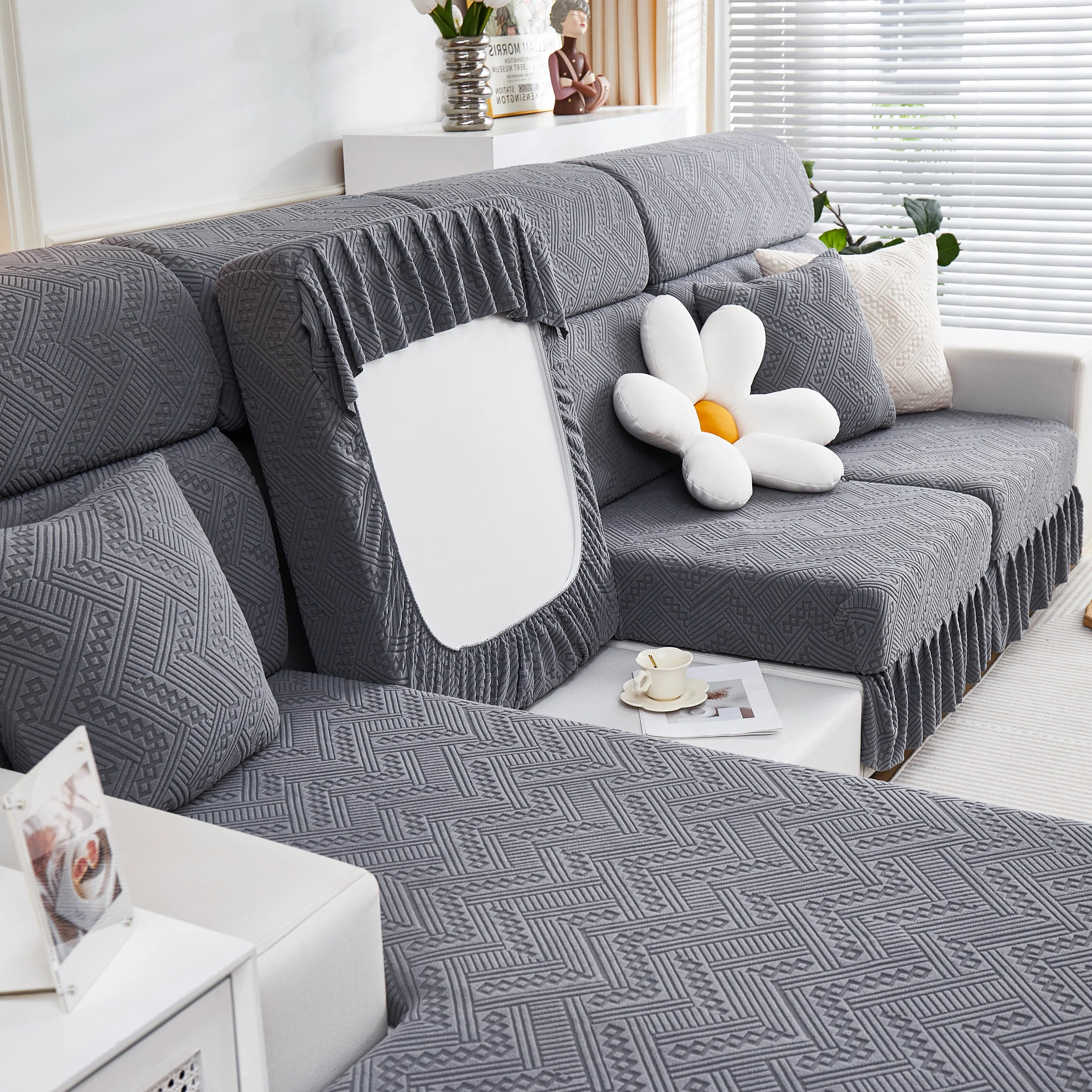 Stretchable Chaise Lounge Sofa Covers and Couch Seat Covers with Skirt for Sectional Couches - Image 2