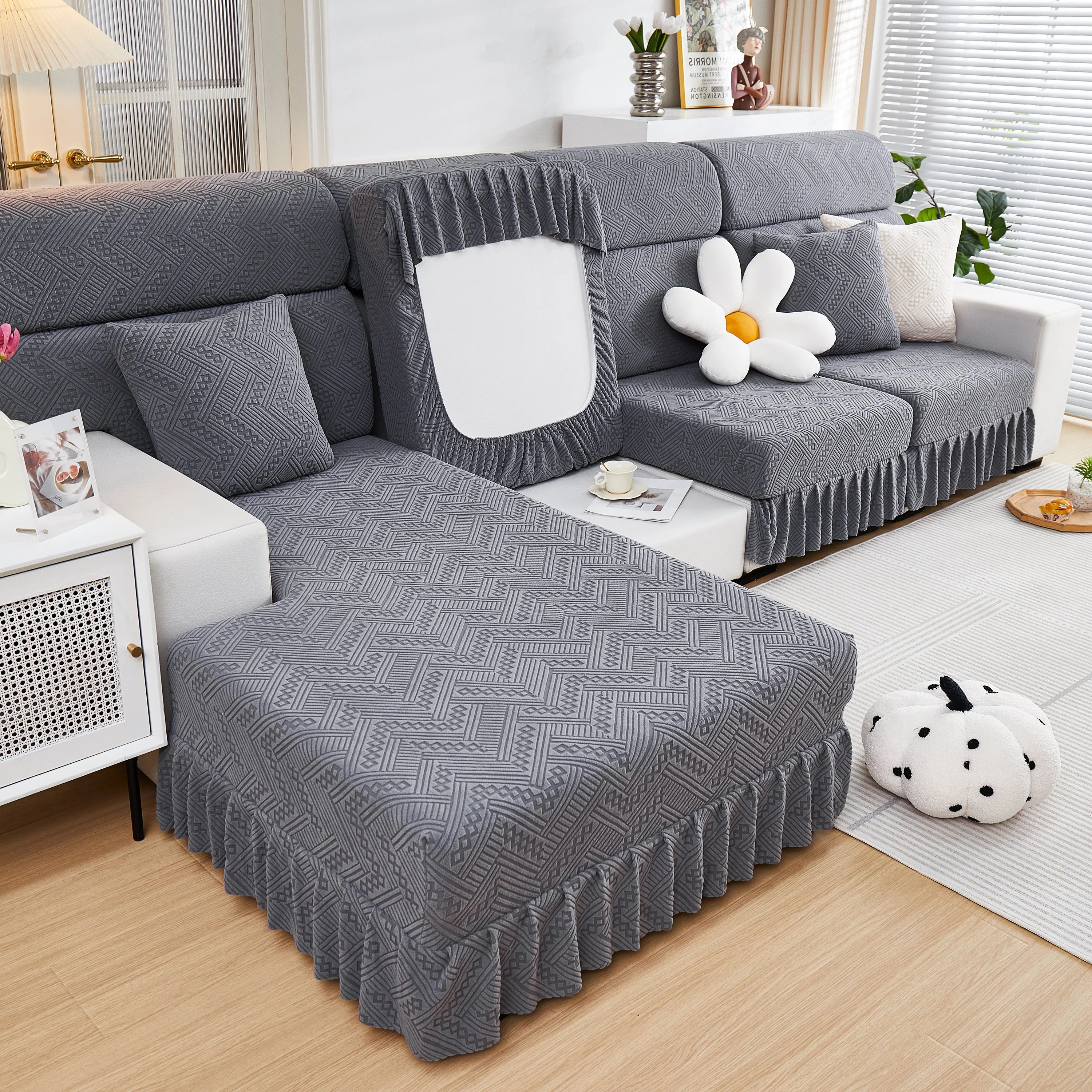 Stretchable Chaise Lounge Sofa Covers and Couch Seat Covers with Skirt for Sectional Couches - Image 21