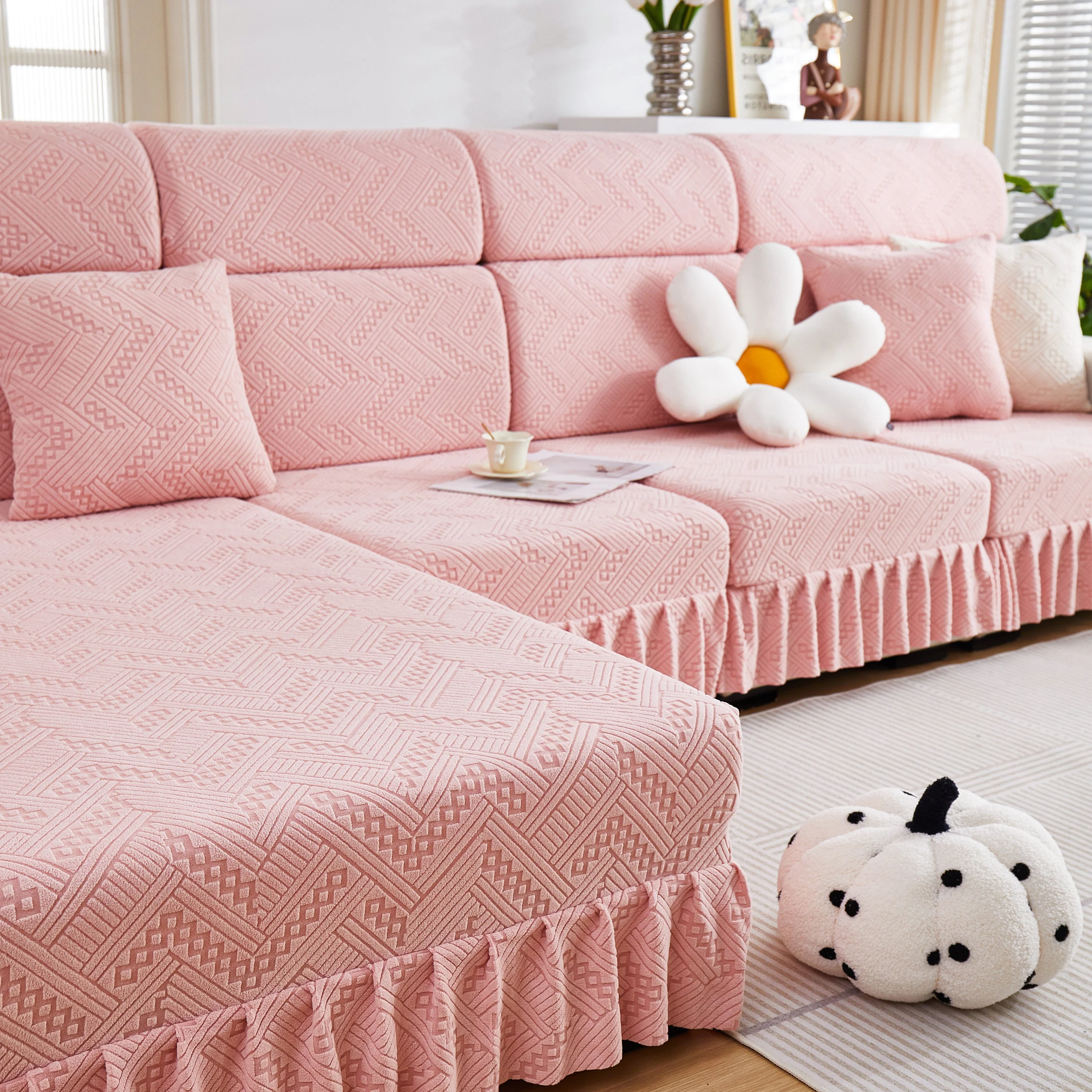 Stretchable Chaise Lounge Sofa Covers and Couch Seat Covers with Skirt for Sectional Couches - Image 26