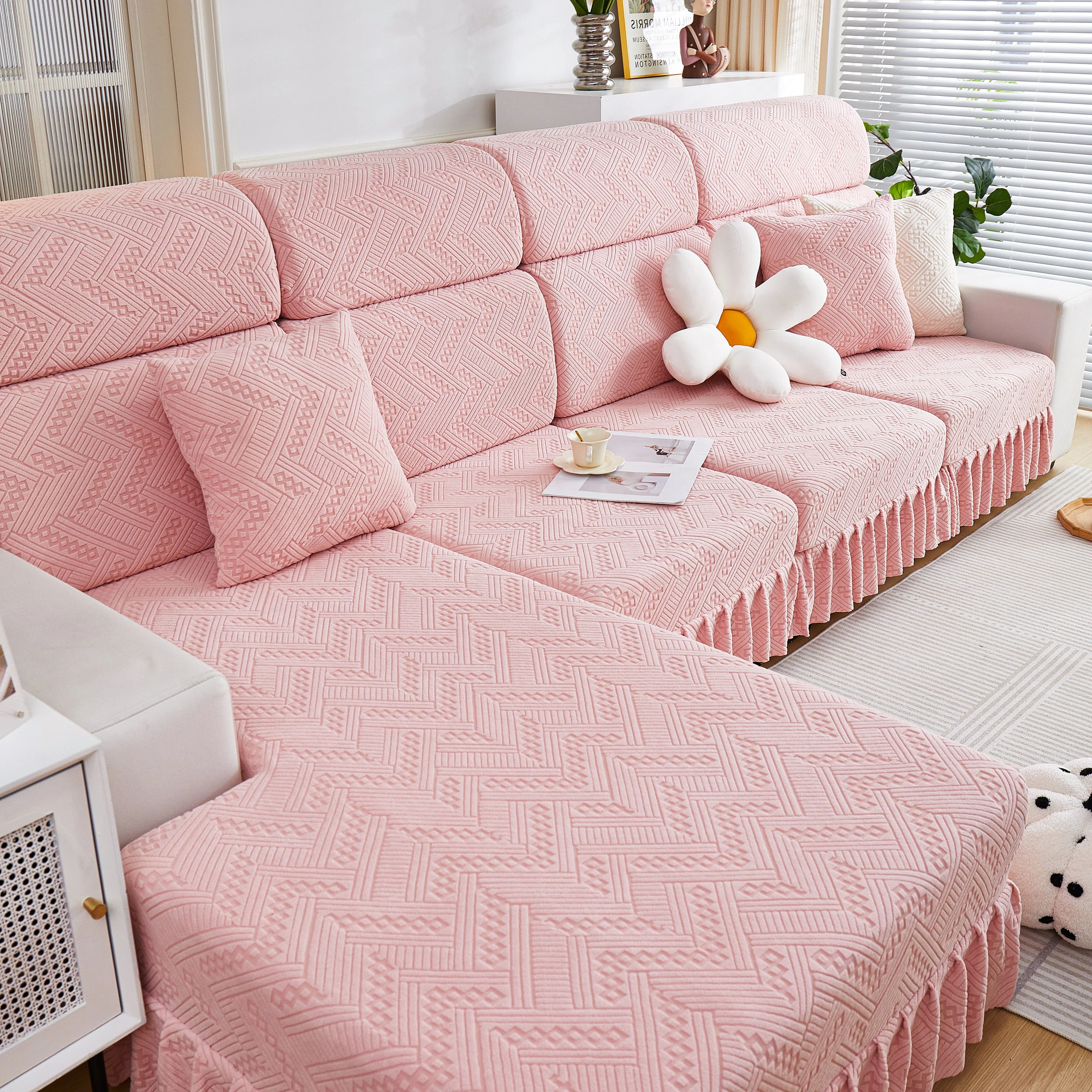 Stretchable Chaise Lounge Sofa Covers and Couch Seat Covers with Skirt for Sectional Couches - Image 29
