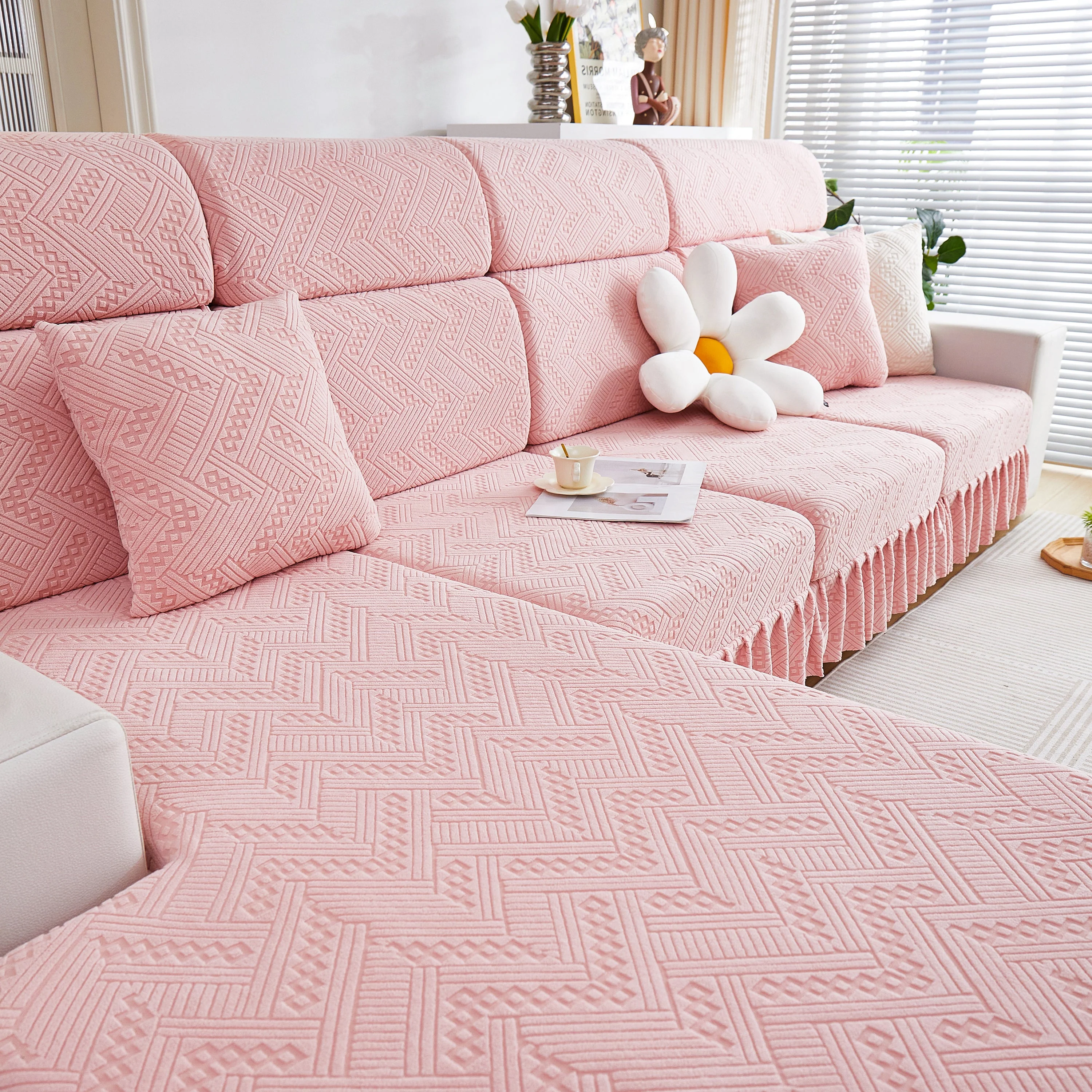 Stretchable Chaise Lounge Sofa Covers and Couch Seat Covers with Skirt for Sectional Couches - Image 33