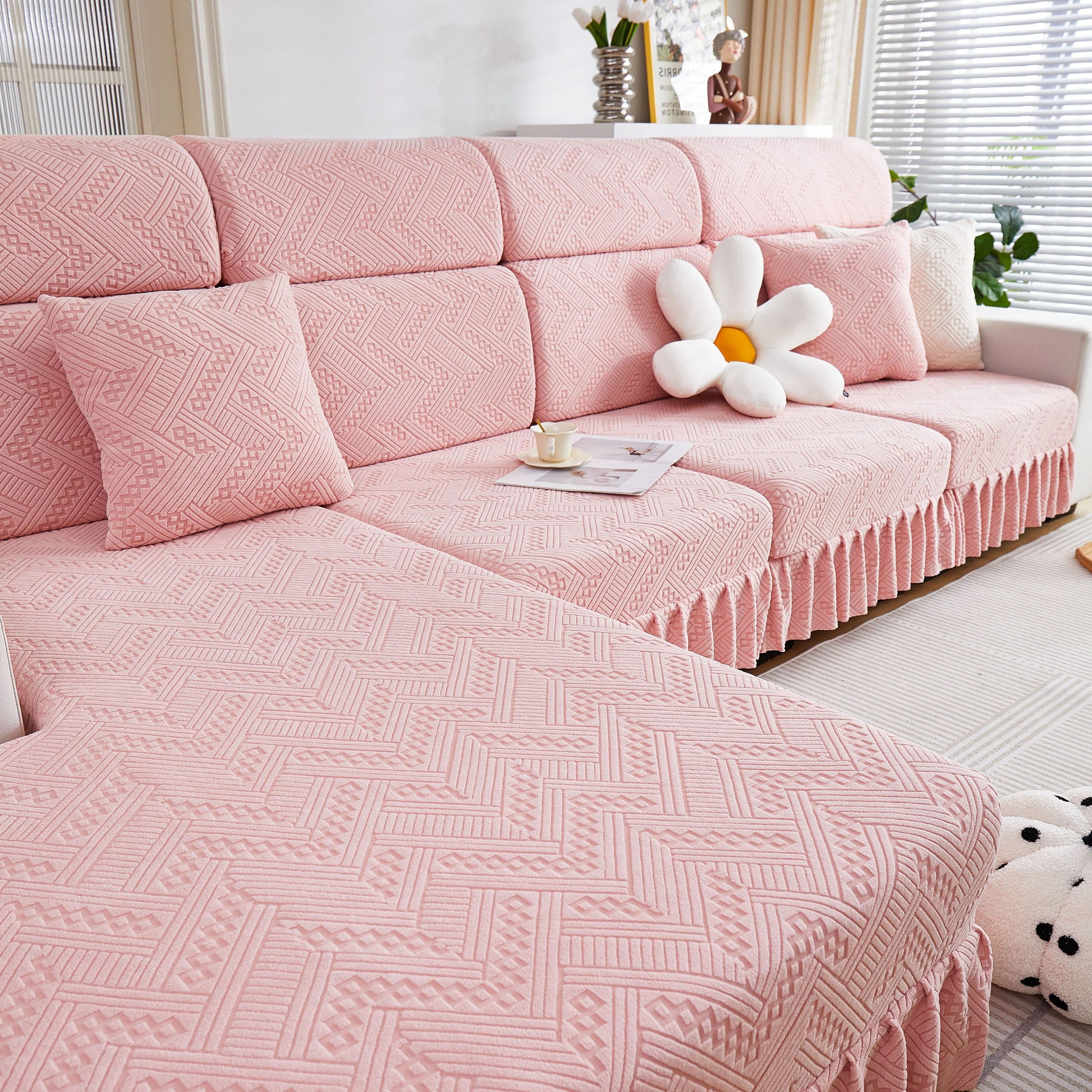 Stretchable Chaise Lounge Sofa Covers and Couch Seat Covers with Skirt for Sectional Couches - Image 35