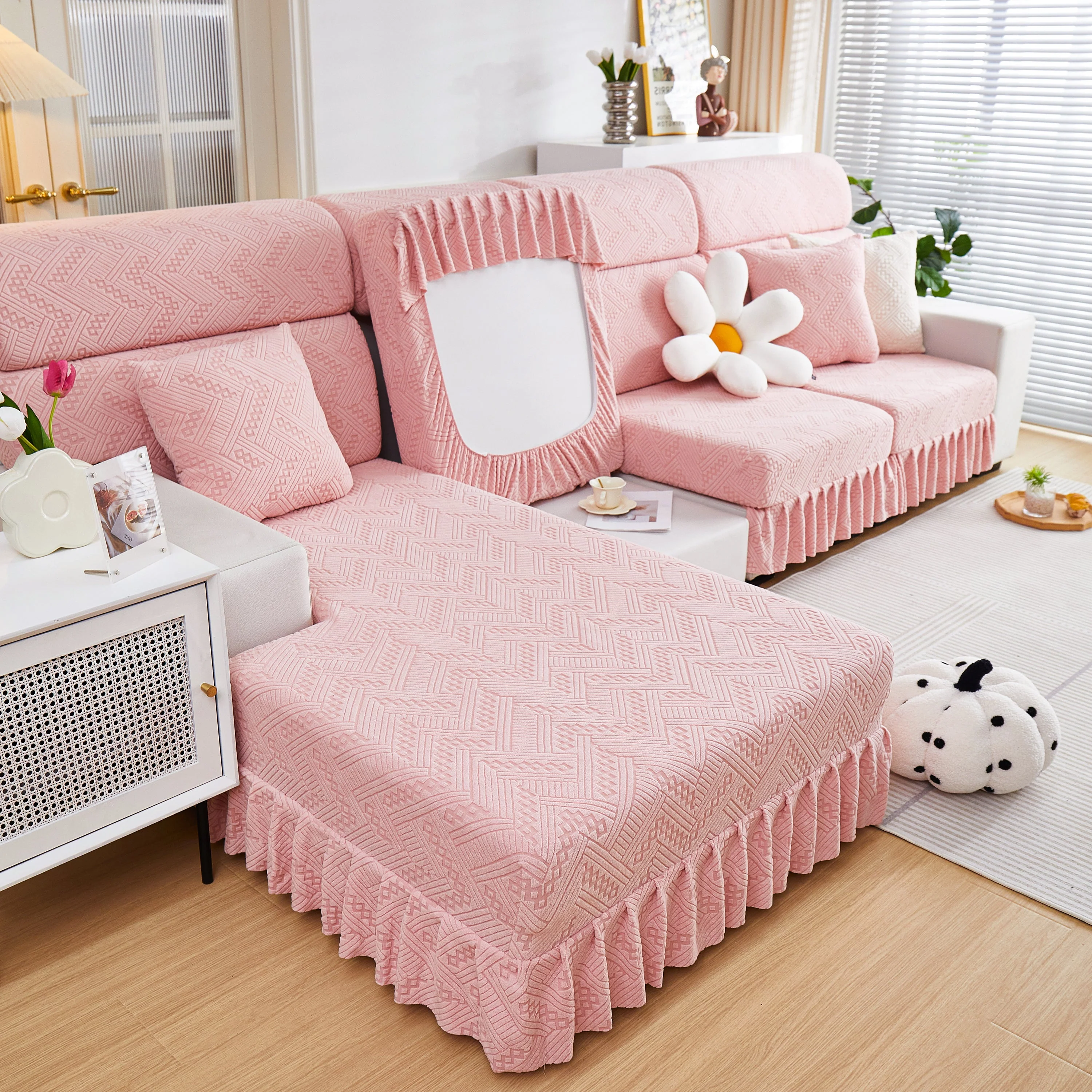 Stretchable Chaise Lounge Sofa Covers and Couch Seat Covers with Skirt for Sectional Couches - Image 39
