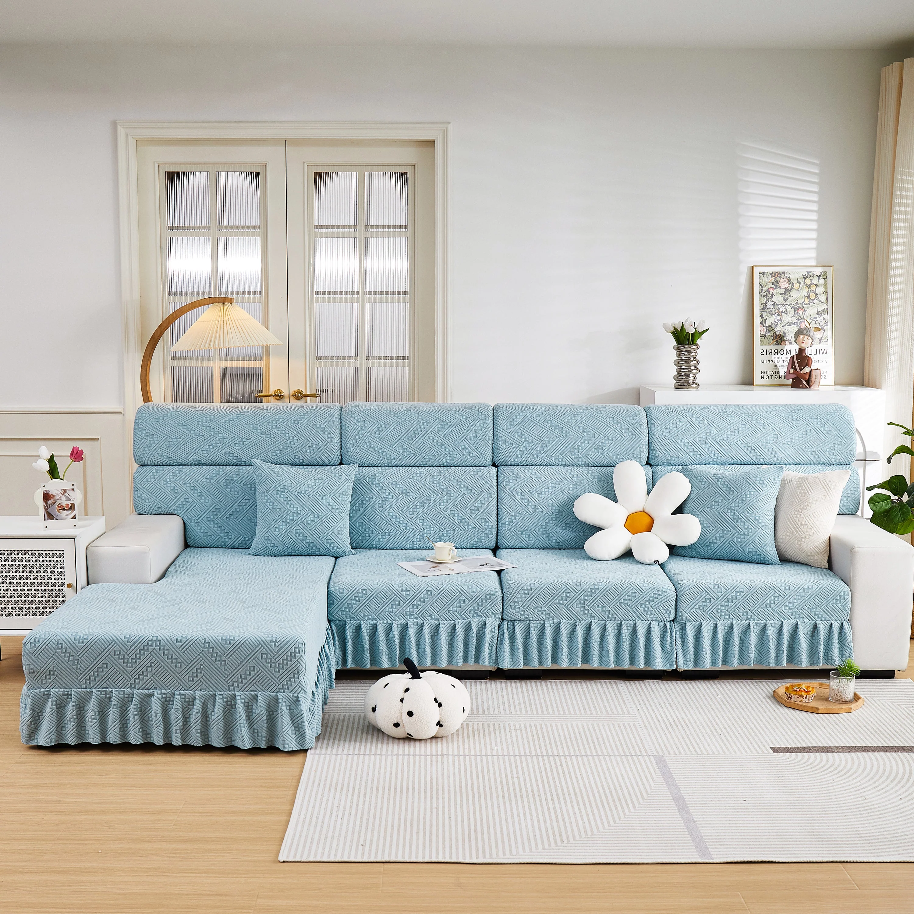 Stretchable Chaise Lounge Sofa Covers and Couch Seat Covers with Skirt for Sectional Couches - Image 45