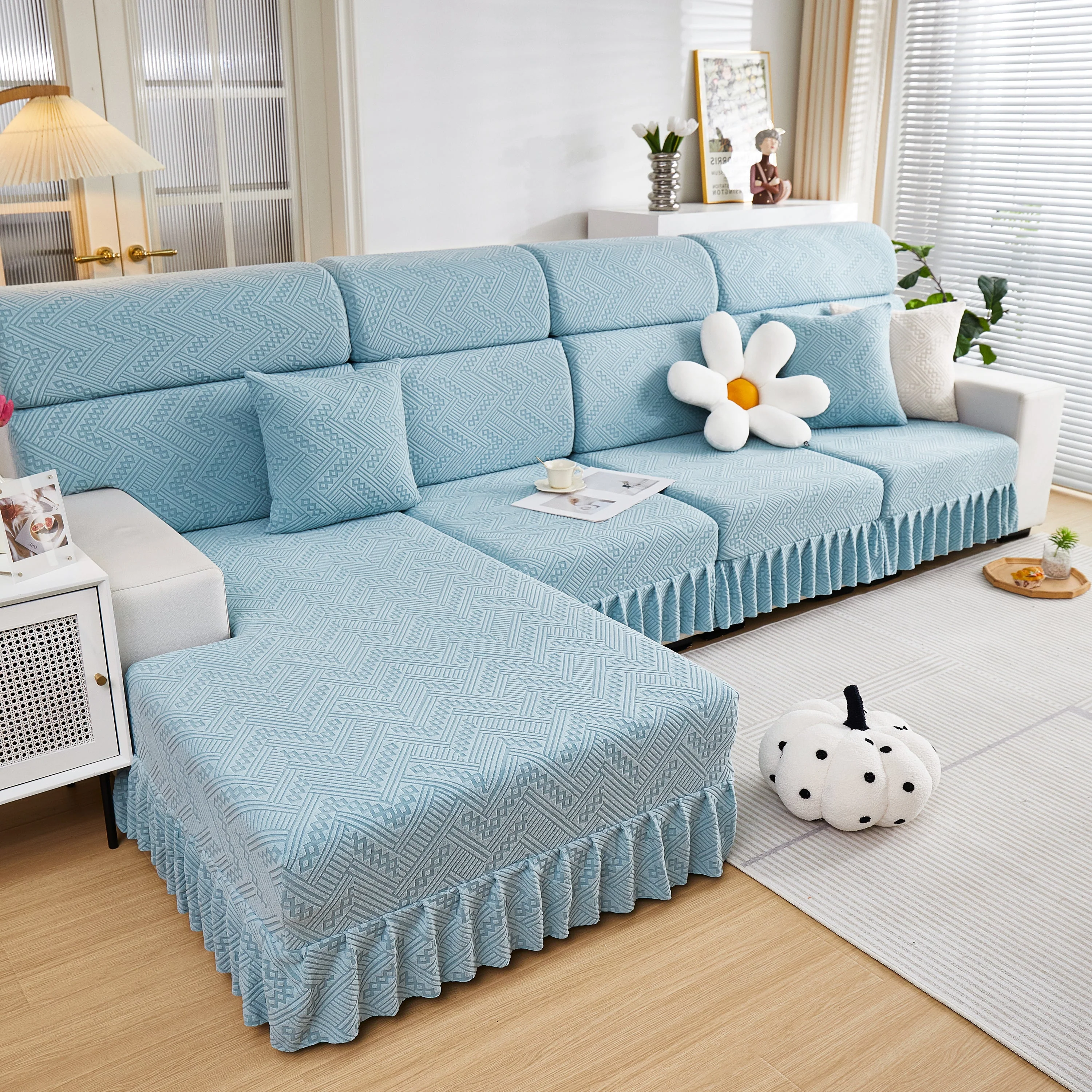 Stretchable Chaise Lounge Sofa Covers and Couch Seat Covers with Skirt for Sectional Couches - Image 46