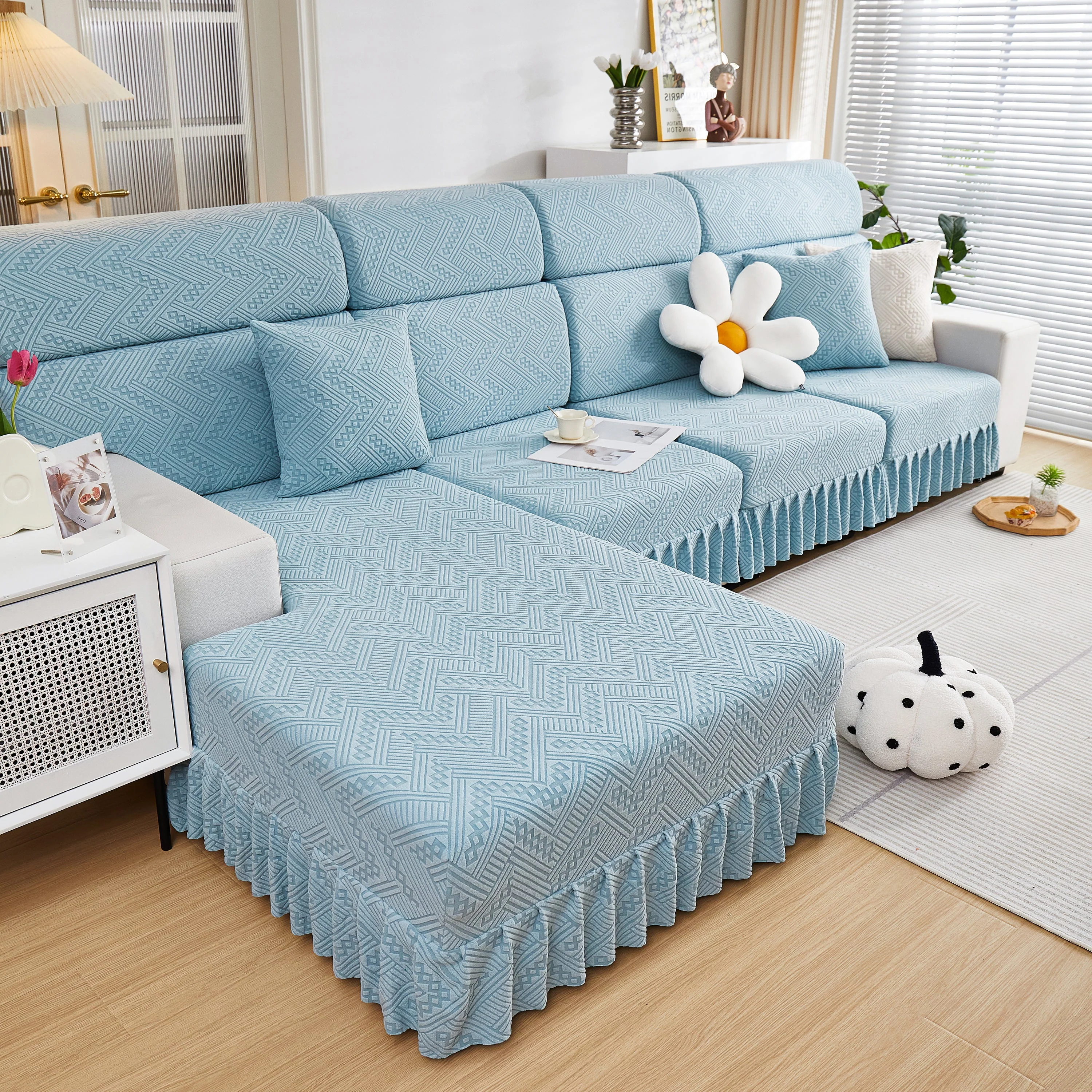 Stretchable Chaise Lounge Sofa Covers and Couch Seat Covers with Skirt for Sectional Couches - Image 48