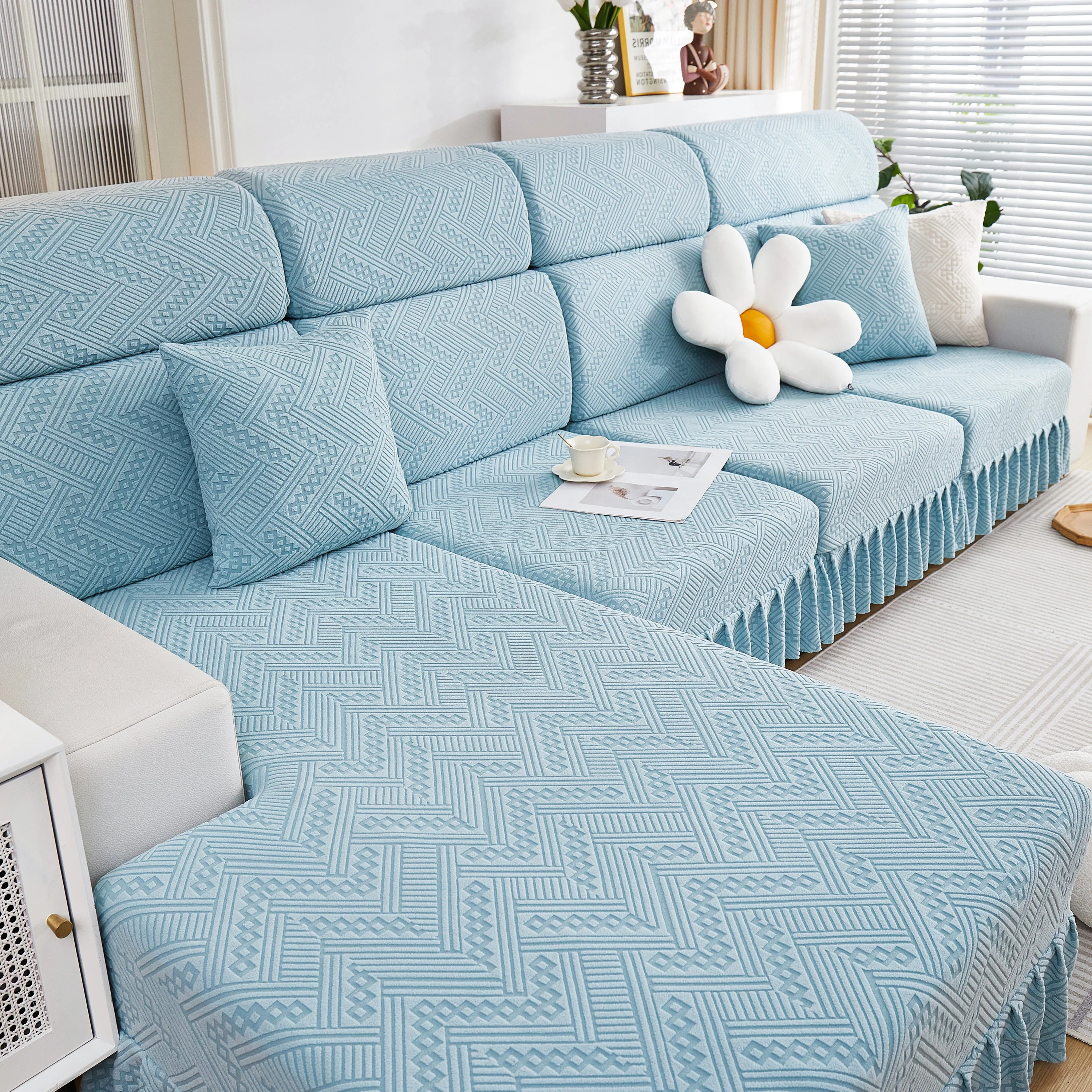 Stretchable Chaise Lounge Sofa Covers and Couch Seat Covers with Skirt for Sectional Couches - Image 50