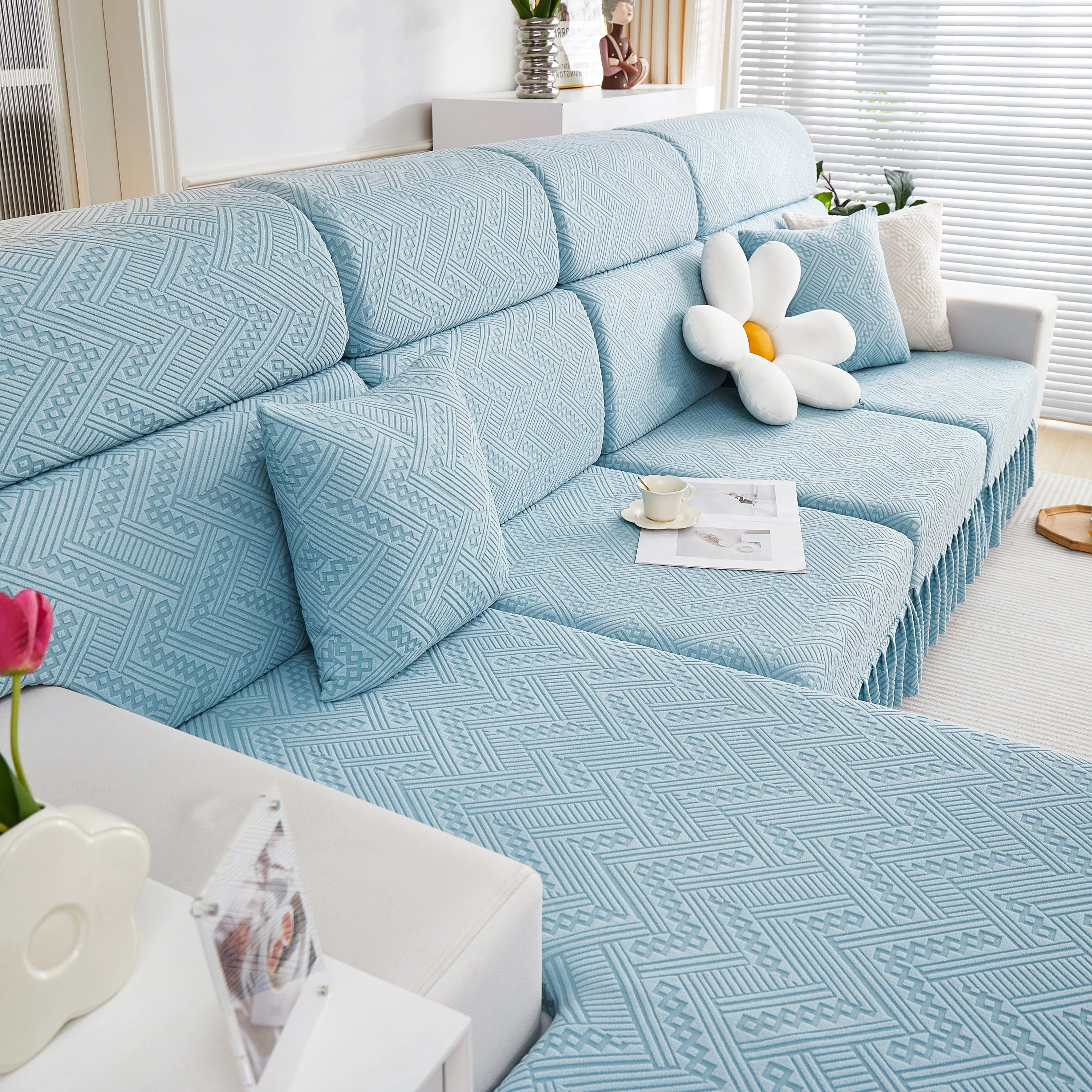 Stretchable Chaise Lounge Sofa Covers and Couch Seat Covers with Skirt for Sectional Couches - Image 51