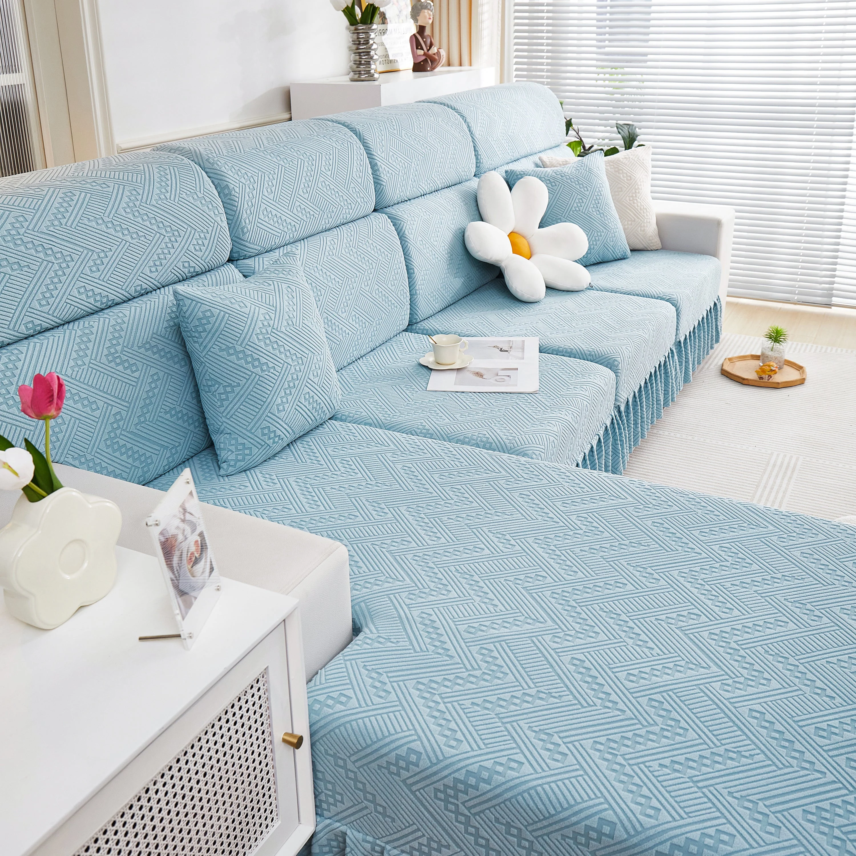 Stretchable Chaise Lounge Sofa Covers and Couch Seat Covers with Skirt for Sectional Couches - Image 52