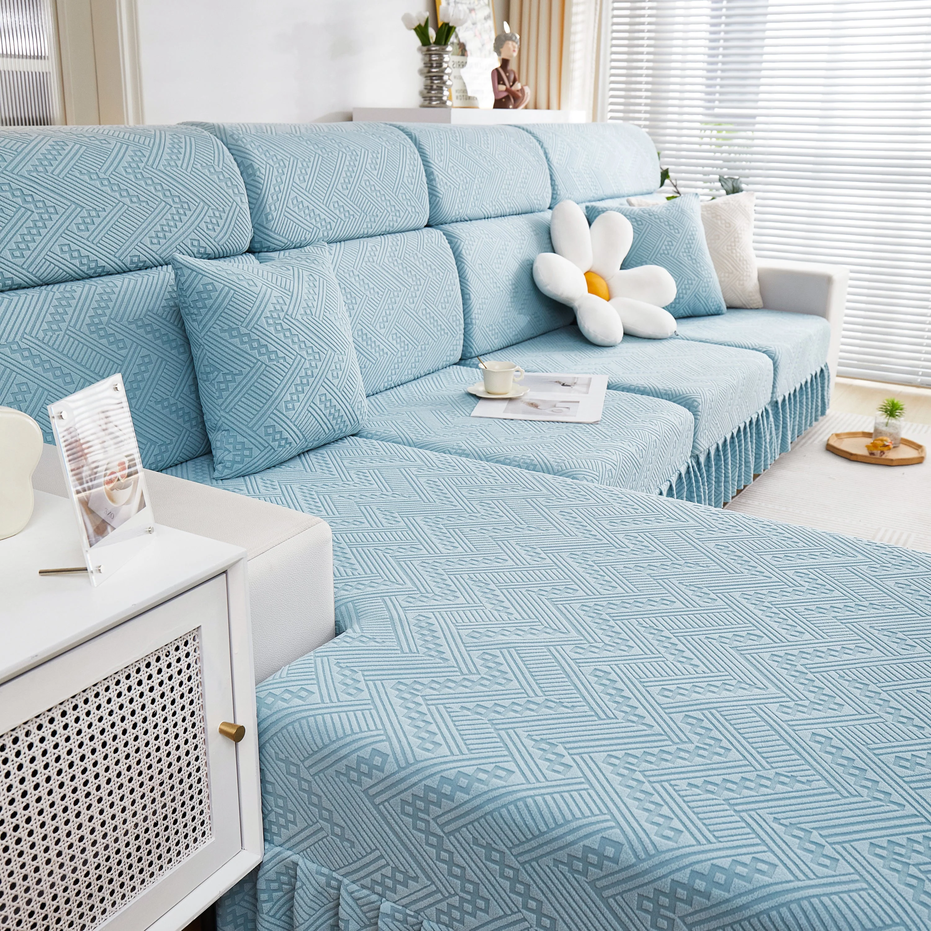 Stretchable Chaise Lounge Sofa Covers and Couch Seat Covers with Skirt for Sectional Couches - Image 53