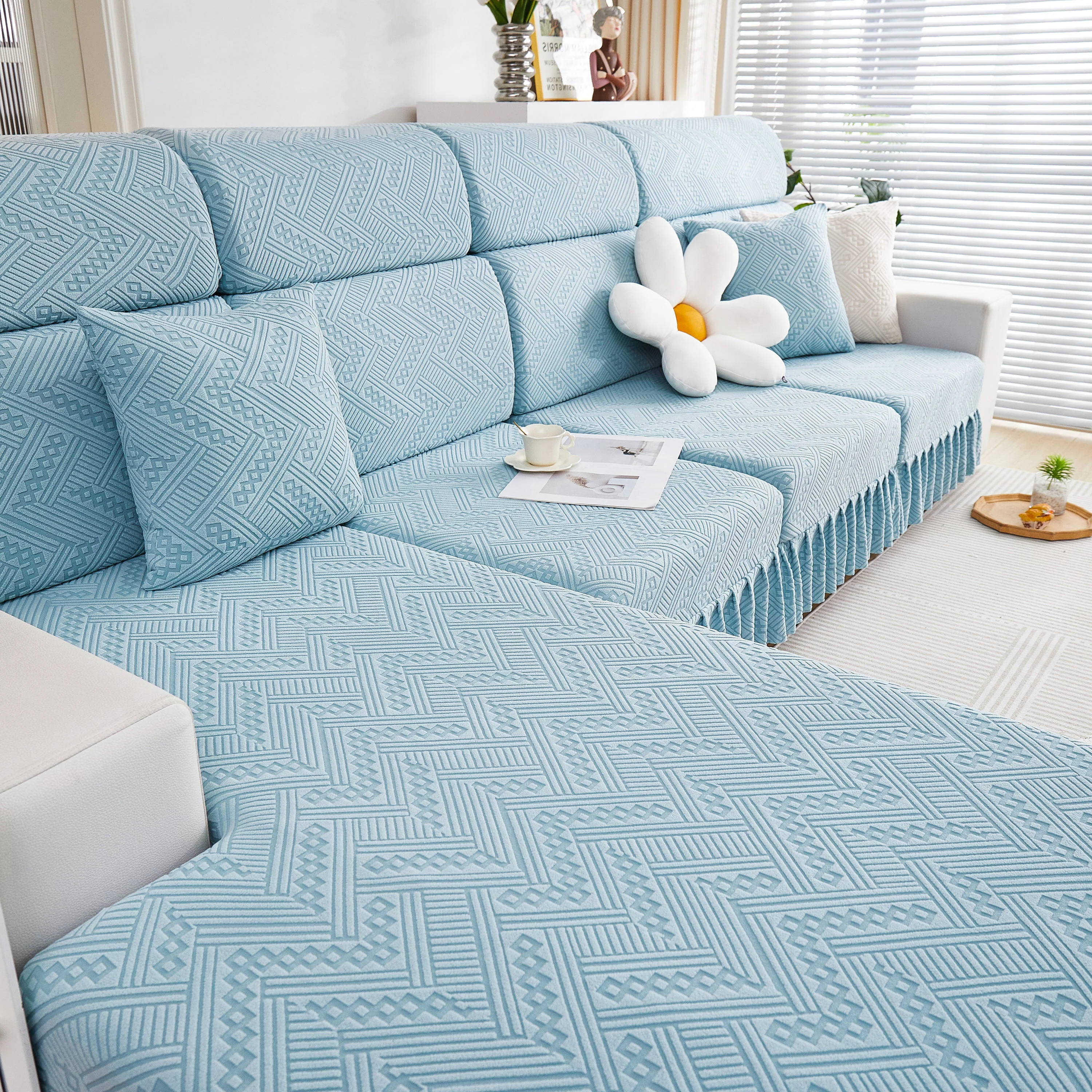 Stretchable Chaise Lounge Sofa Covers and Couch Seat Covers with Skirt for Sectional Couches - Image 54