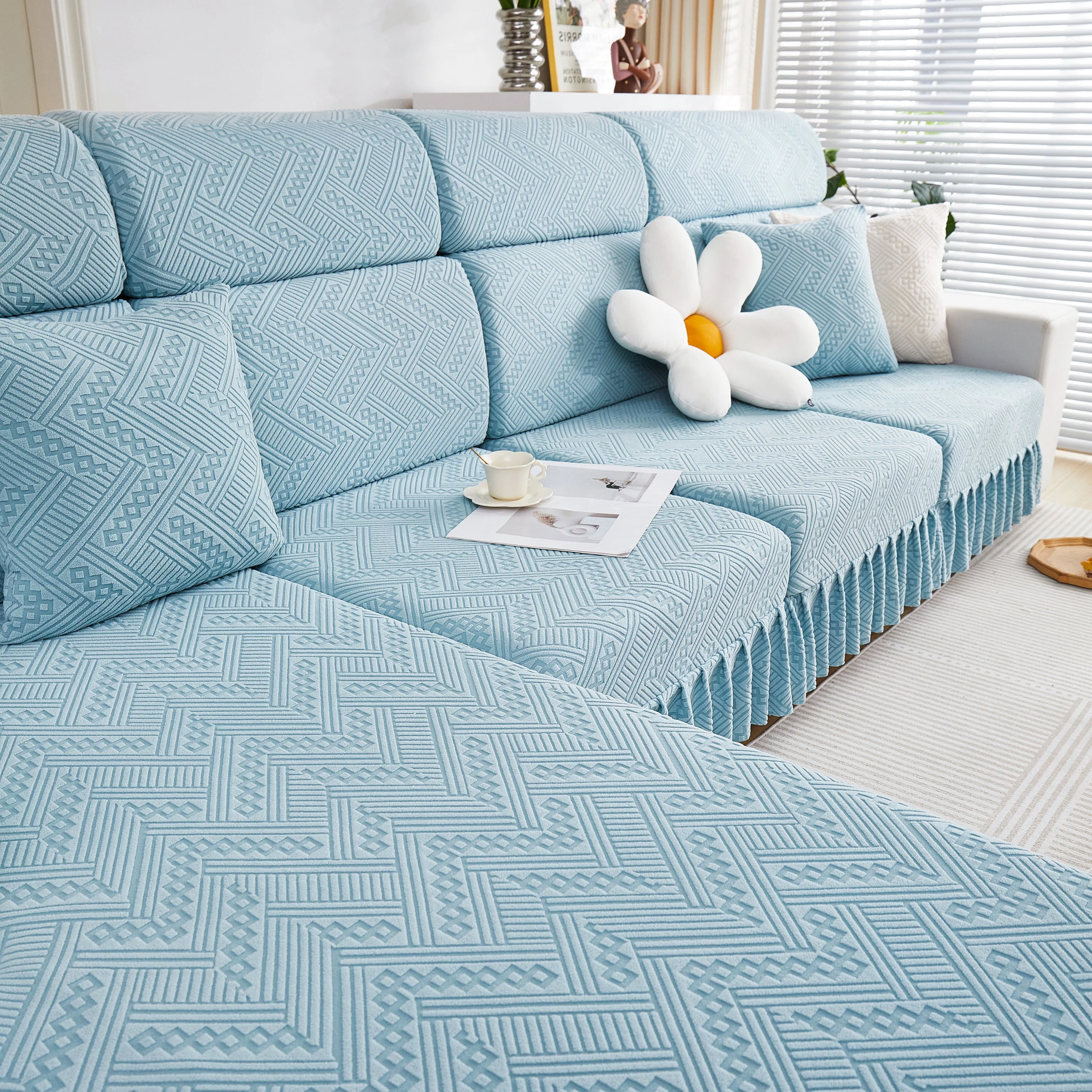 Stretchable Chaise Lounge Sofa Covers and Couch Seat Covers with Skirt for Sectional Couches - Image 55