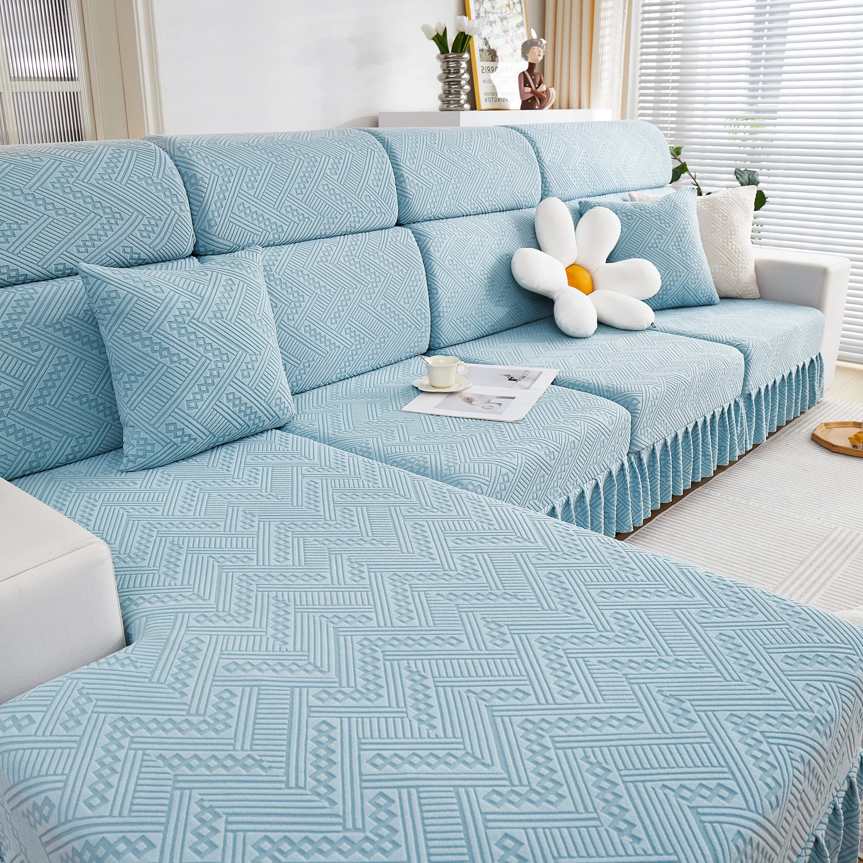 Stretchable Chaise Lounge Sofa Covers and Couch Seat Covers with Skirt for Sectional Couches - Image 56