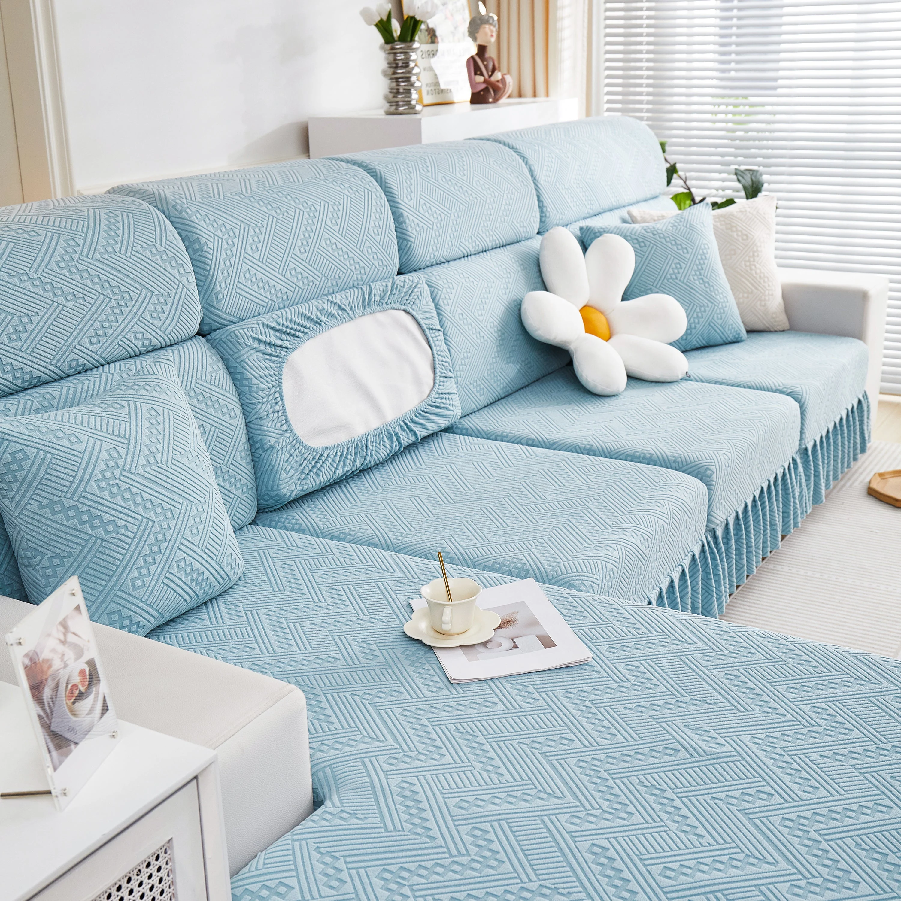 Stretchable Chaise Lounge Sofa Covers and Couch Seat Covers with Skirt for Sectional Couches - Image 58