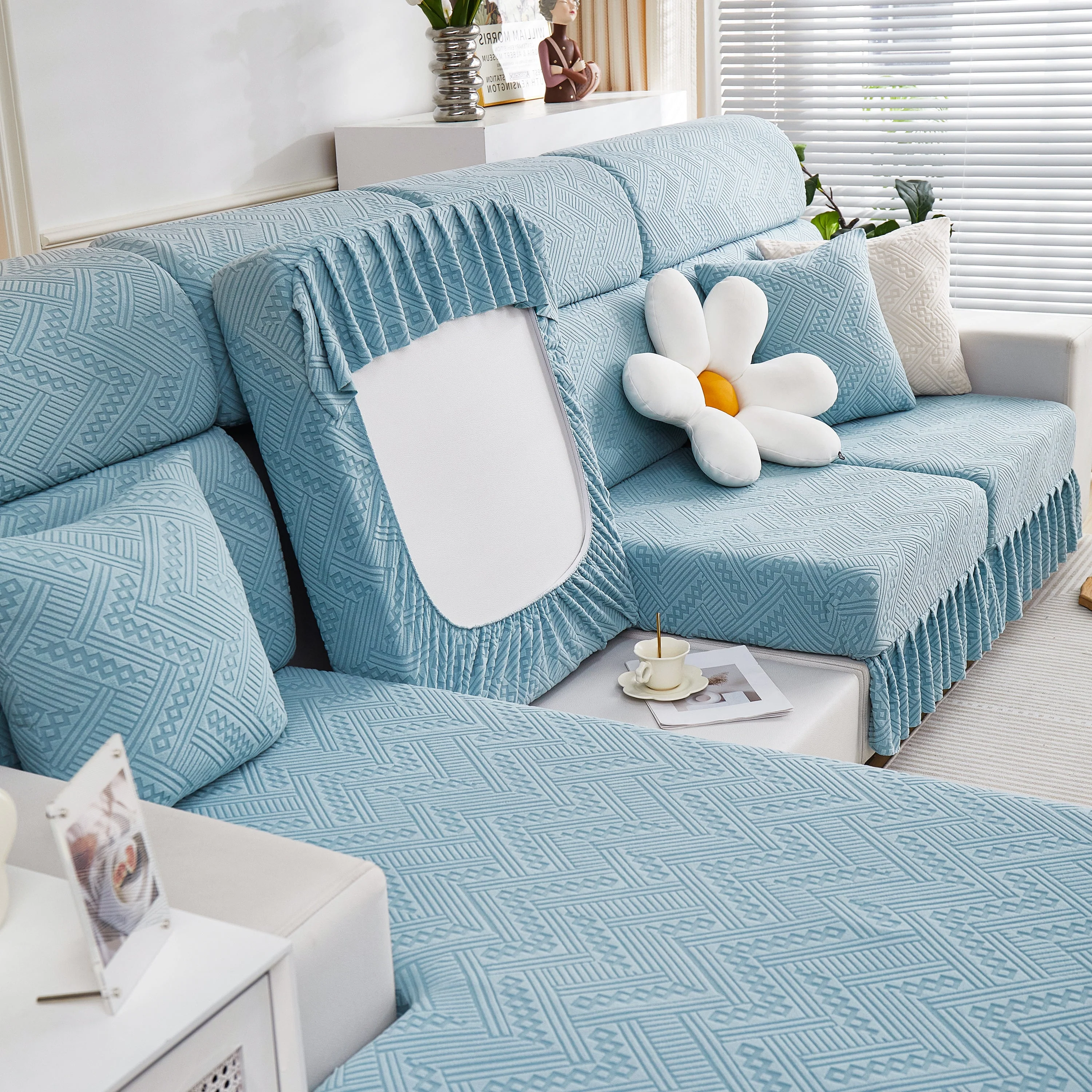 Stretchable Chaise Lounge Sofa Covers and Couch Seat Covers with Skirt for Sectional Couches - Image 59