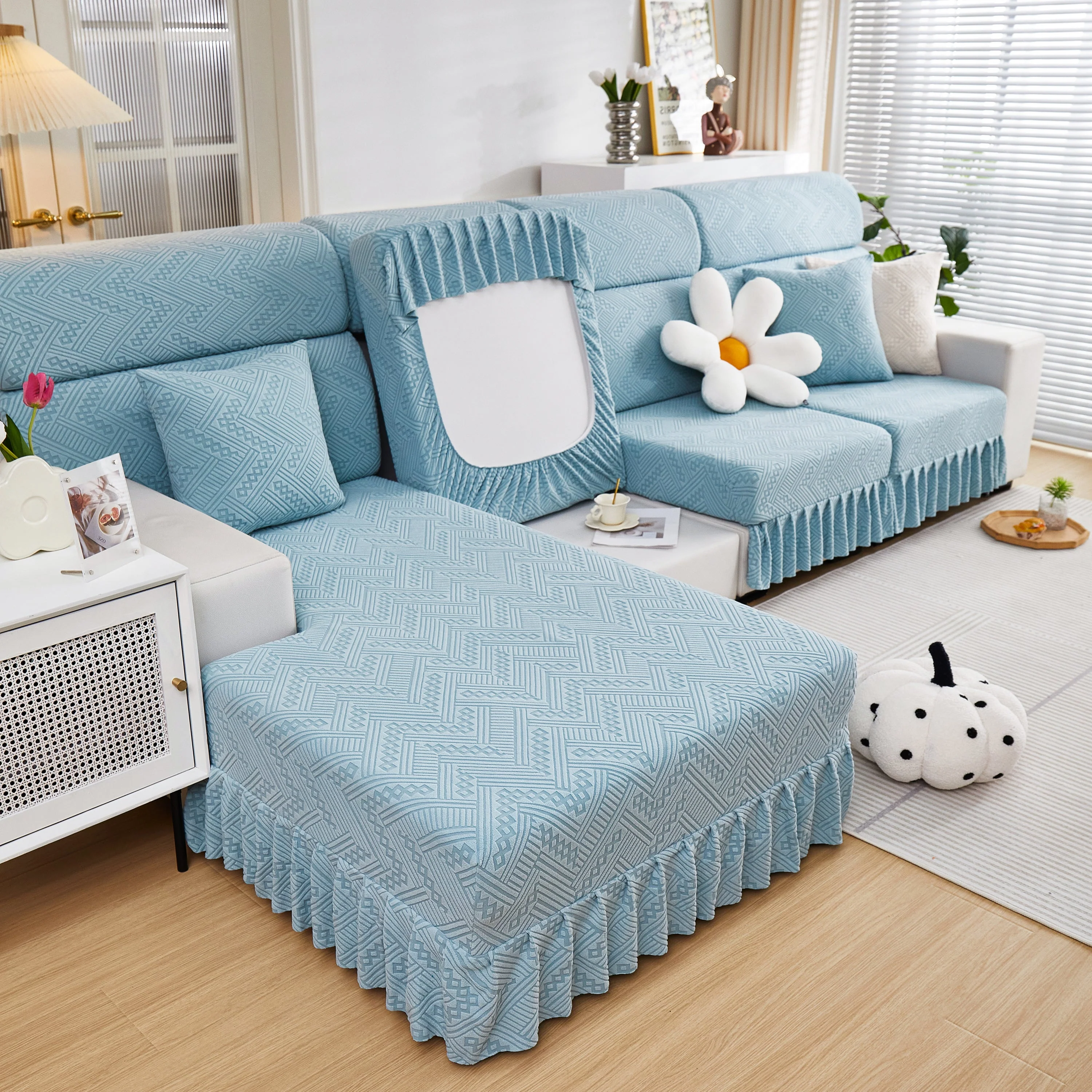 Stretchable Chaise Lounge Sofa Covers and Couch Seat Covers with Skirt for Sectional Couches - Image 60