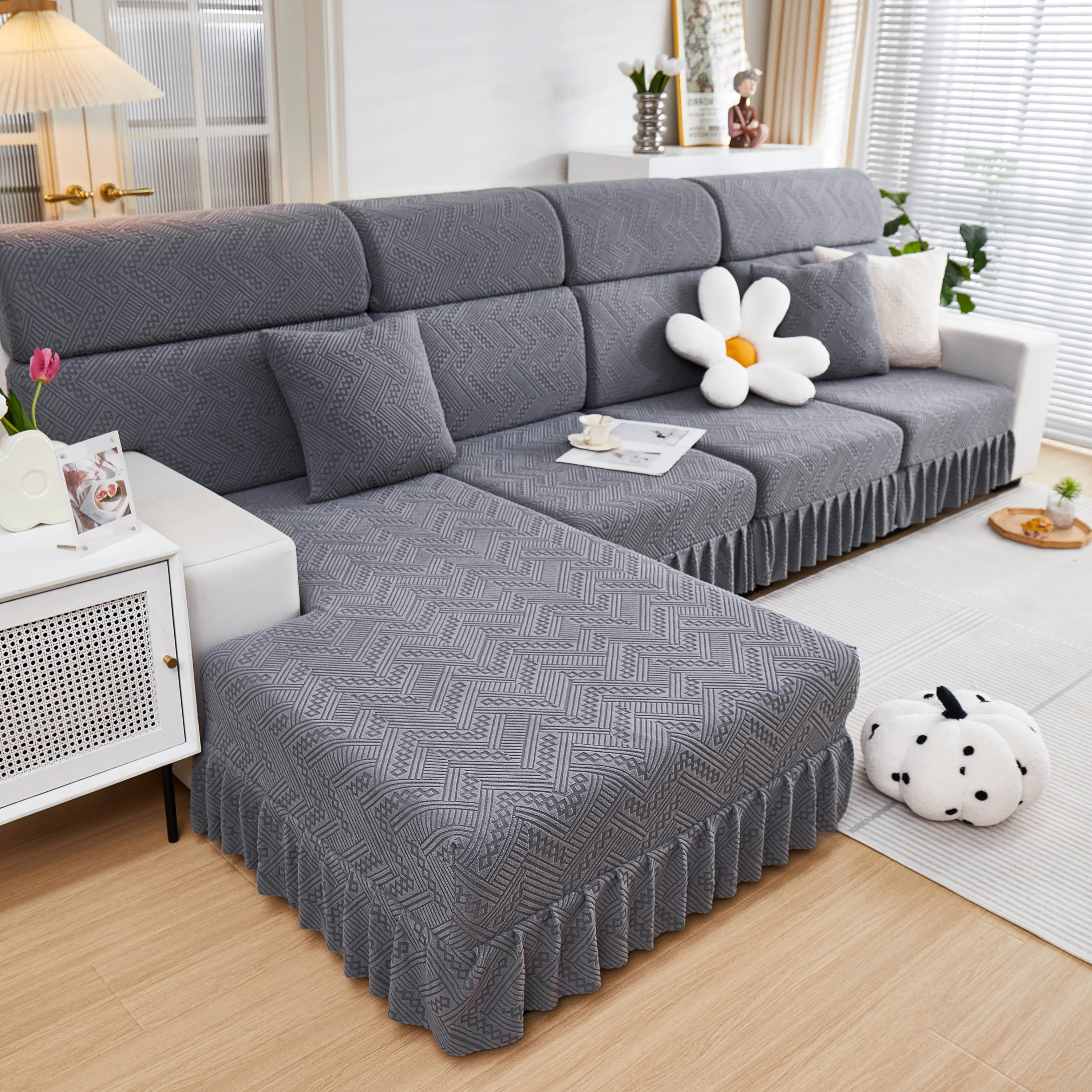 Stretchable Chaise Lounge Sofa Covers and Couch Seat Covers with Skirt for Sectional Couches - Image 8