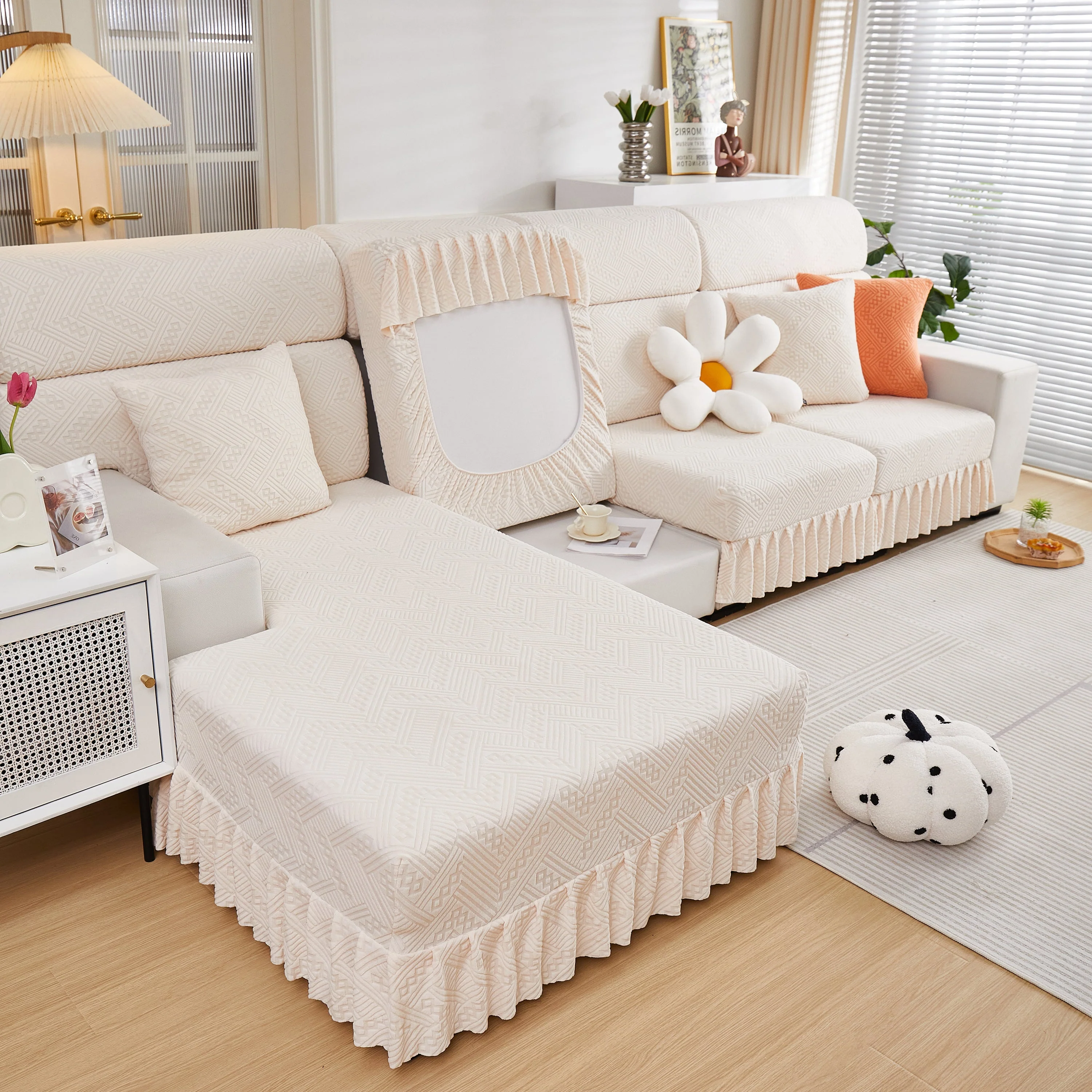Stretchable Chaise Lounge Sofa Covers and Couch Seat Covers with Skirt for Sectional Couches - Image 81