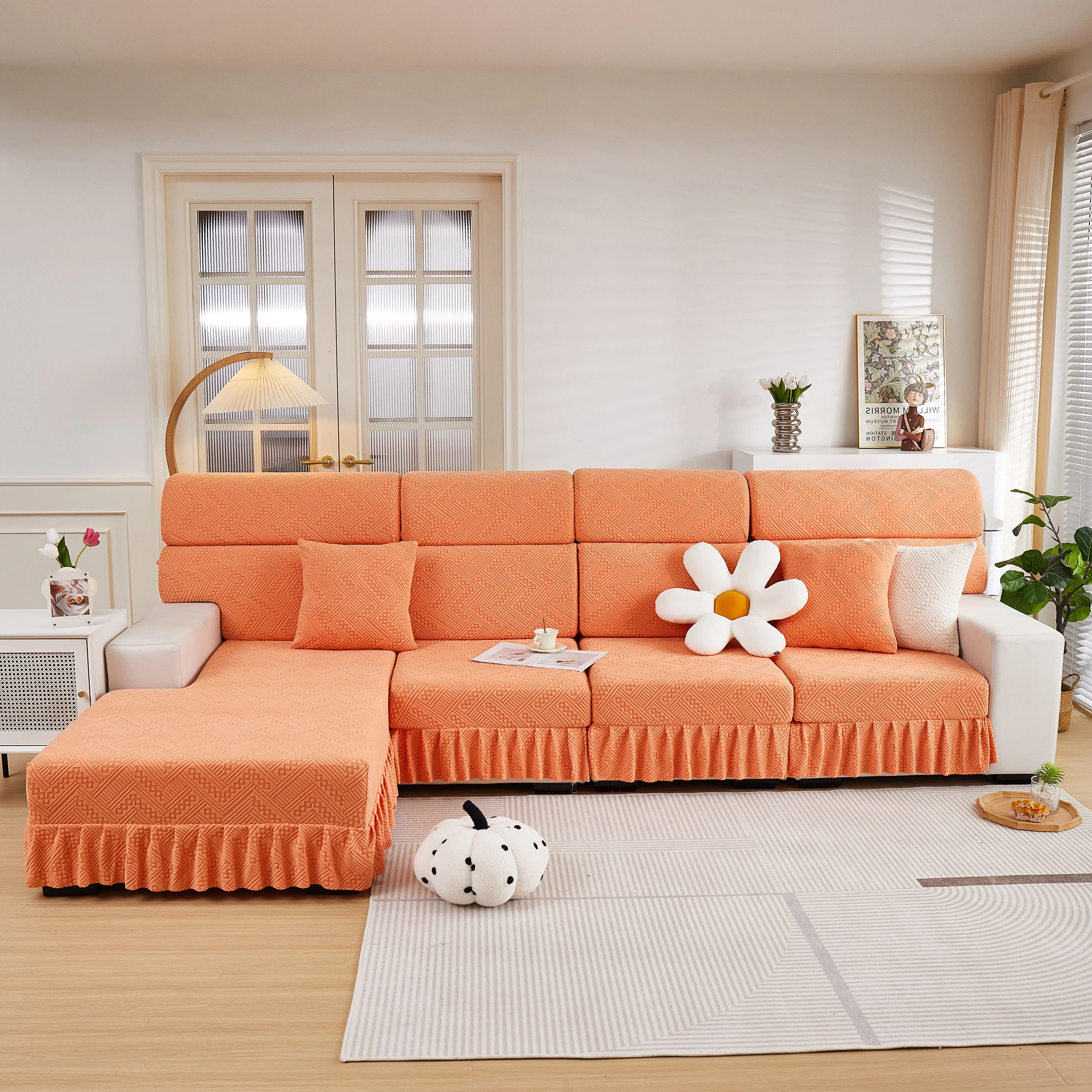 Stretchable Chaise Lounge Sofa Covers and Couch Seat Covers with Skirt for Sectional Couches - Image 91