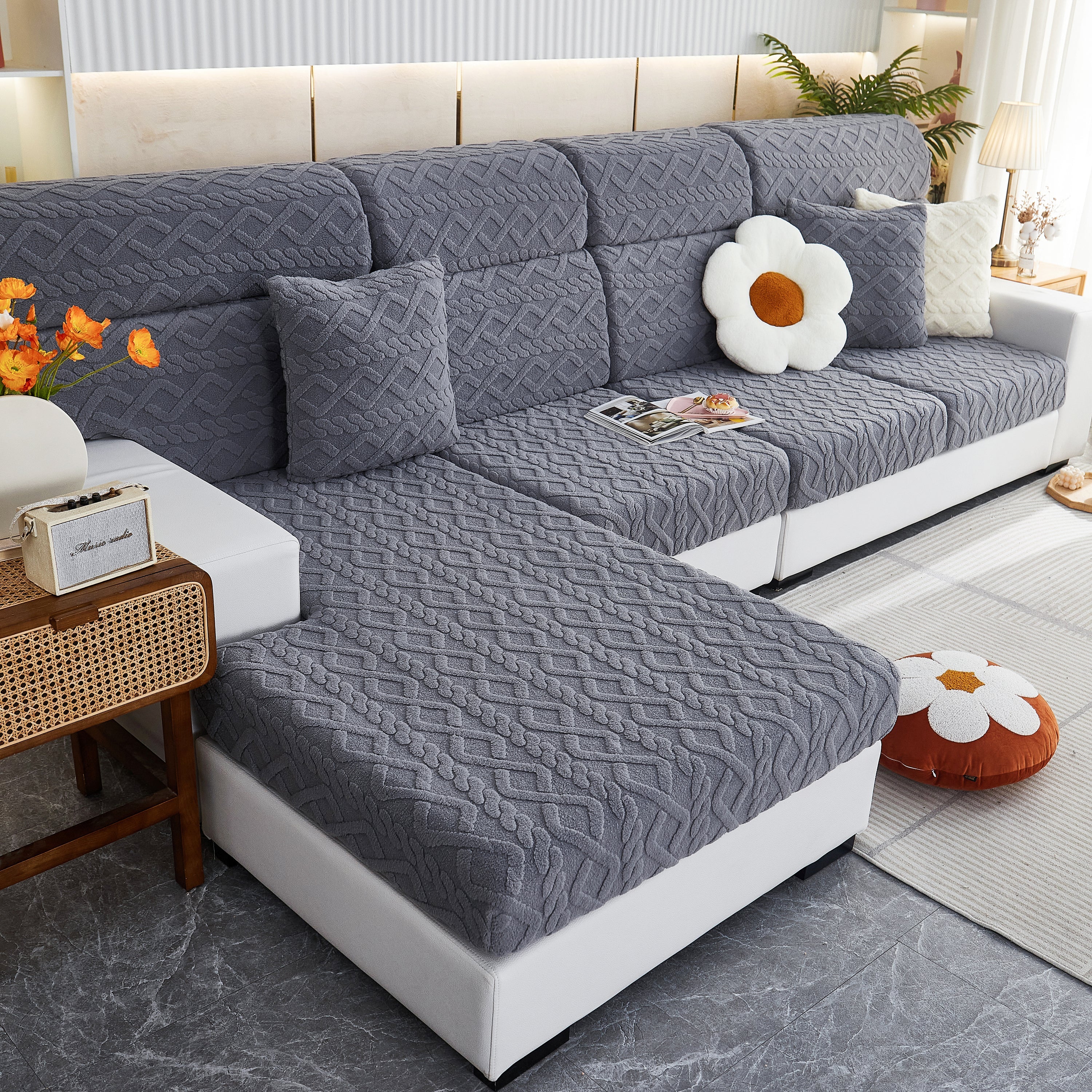 Stretchable Cotton Velvet Non-Slip Furniture Covers Couch Cushion Covers for L-Shaped Sofa, Pets - Image 13