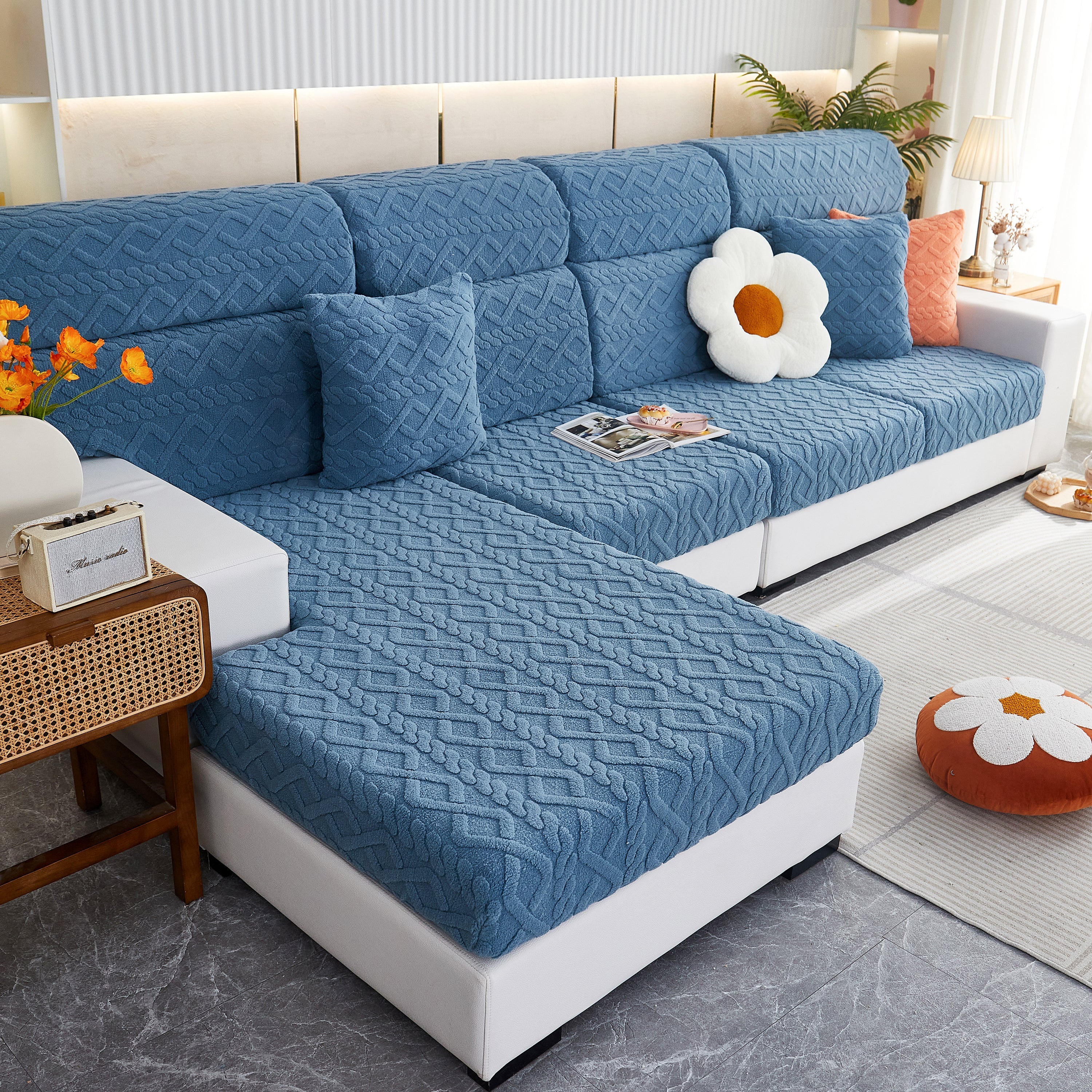 Stretchable Cotton Velvet Non-Slip Furniture Covers Couch Cushion Covers for L-Shaped Sofa, Pets - Image 14