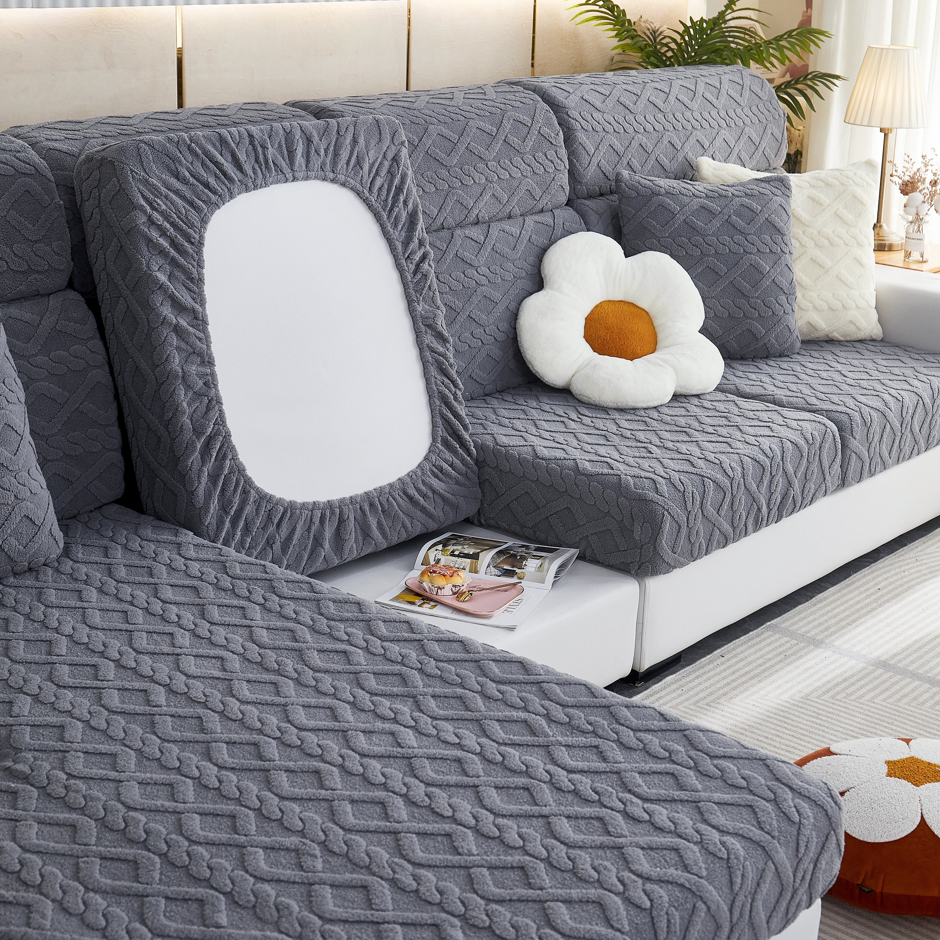 Stretchable Cotton Velvet Non-Slip Furniture Covers Couch Cushion Covers for L-Shaped Sofa, Pets - Image 20