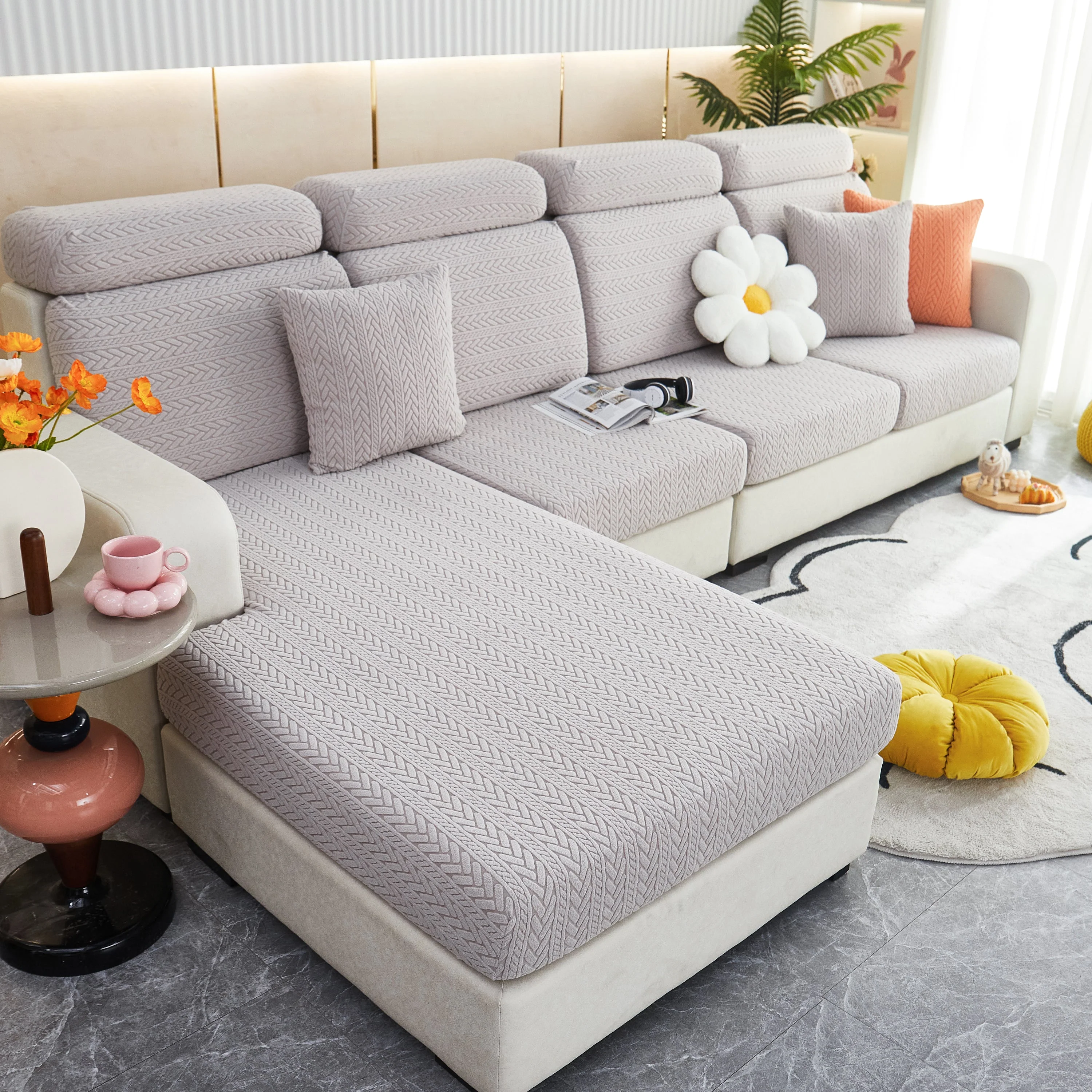Stretchable Jacquard Polar Fleece Sofa Cover Non-Slip Furniture Protector for Pets L-Shaped Couch Slipcovers - Image 10