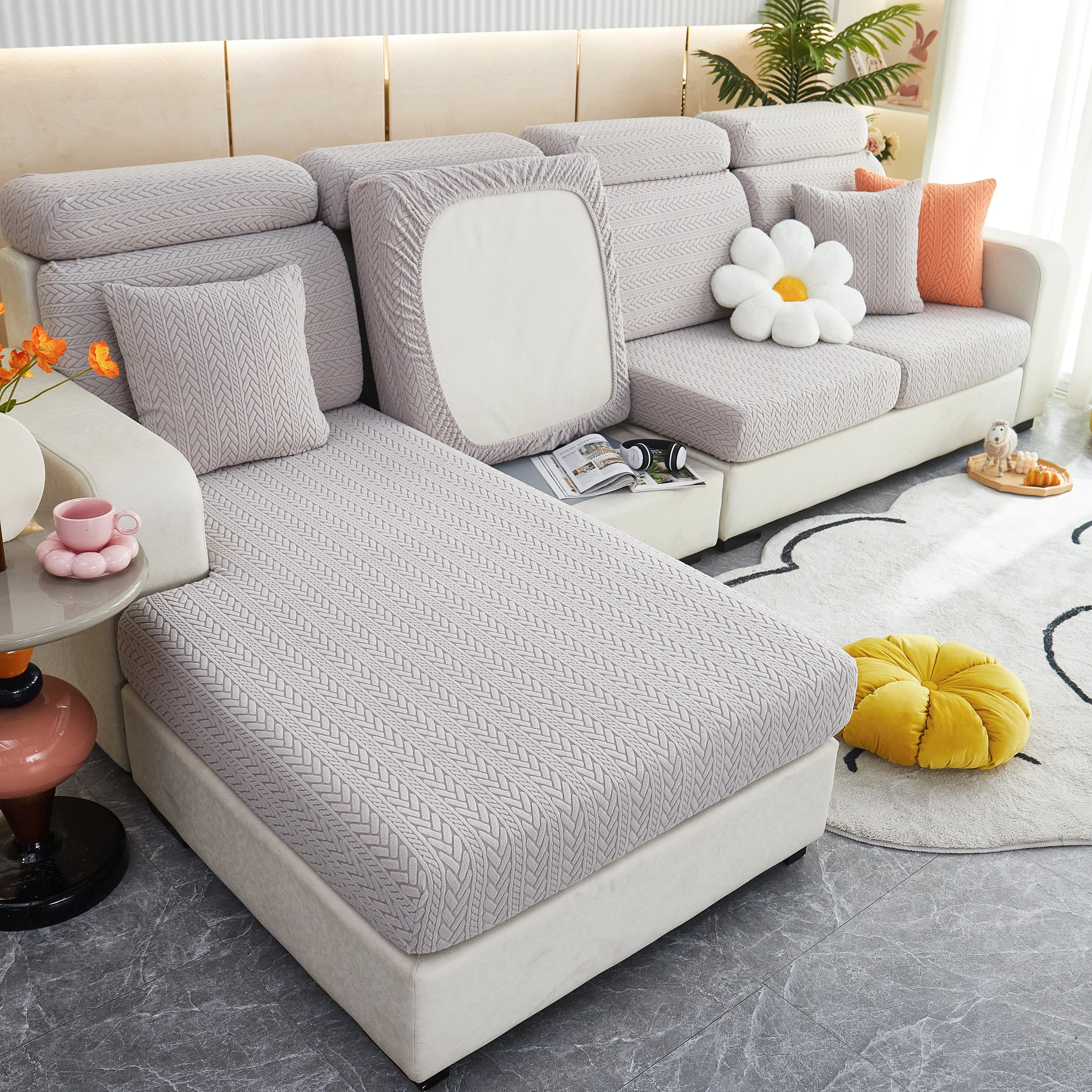 Stretchable Jacquard Polar Fleece Sofa Cover Non-Slip Furniture Protector for Pets L-Shaped Couch Slipcovers - Image 11